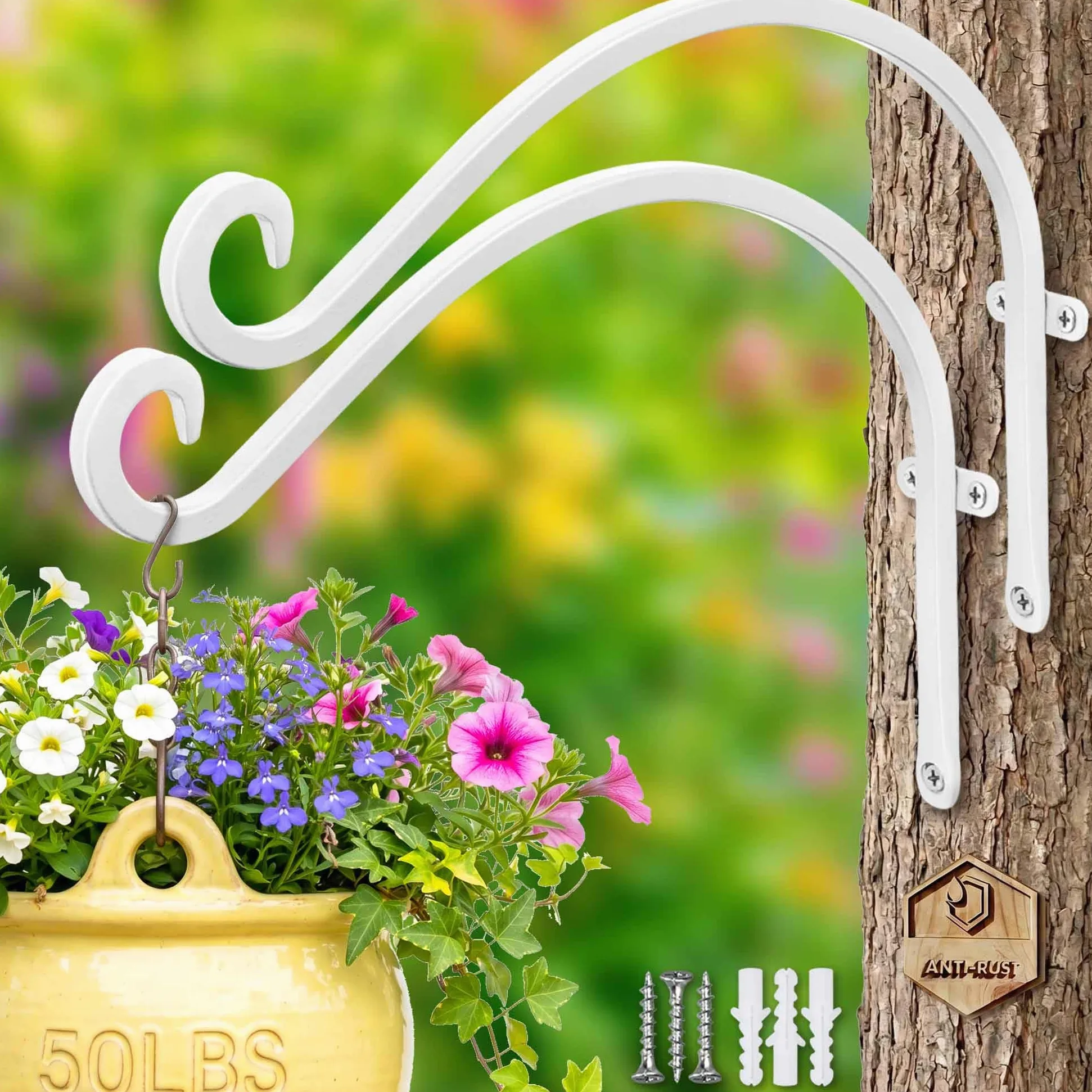 Qiang Ni Colgador de comederos para pájaros (2 piezas/12 pulgadas), soporte para colgar plantas al aire libre más estable y resistente, blanco