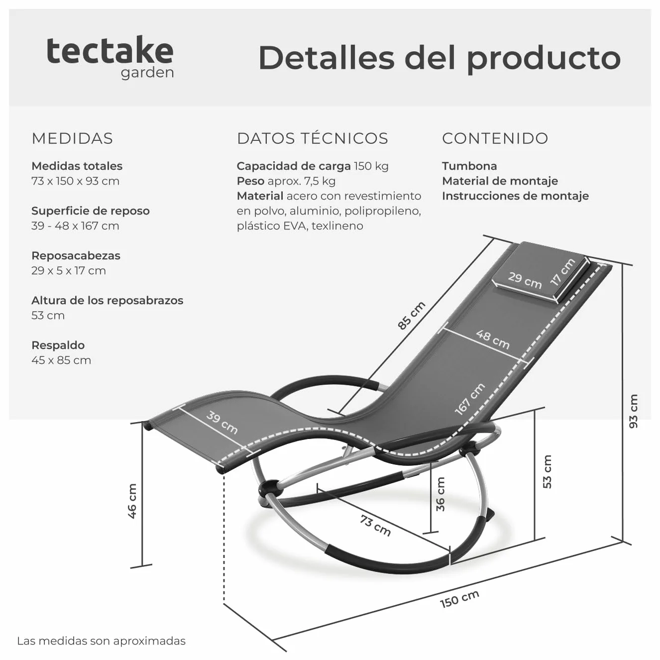 tectake® Tumbona Plegable con Función Balancín, Tumbona Playa Ergonómica, Tumbona Piscina en Acero y Textileno, Tumbona Jardín Exterior, Protección Antivuelco, Carga Máx. 150 kg, Fácil Montaje - Gris
