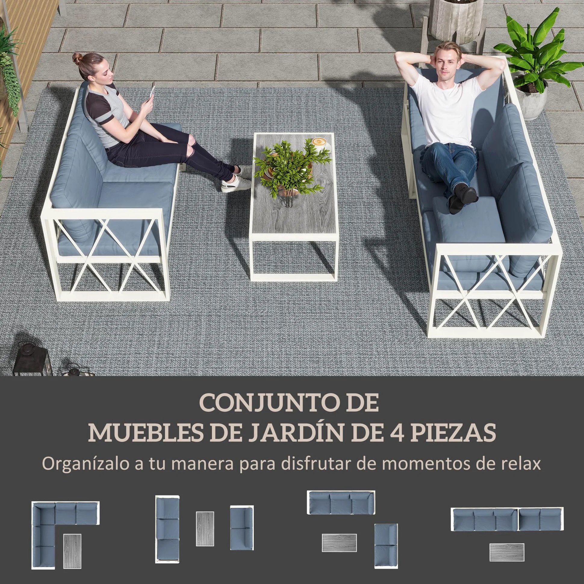 Outsunny Conjunto de Muebles de Jardín Exterior de 4 Piezas Sofá Seccional Exterior Forma de L con Sofá de Esquina y 2 Sofás de 2 Plazas con Mesa de Centro DPC Asiento Regulable y Cojines Beige y Gris