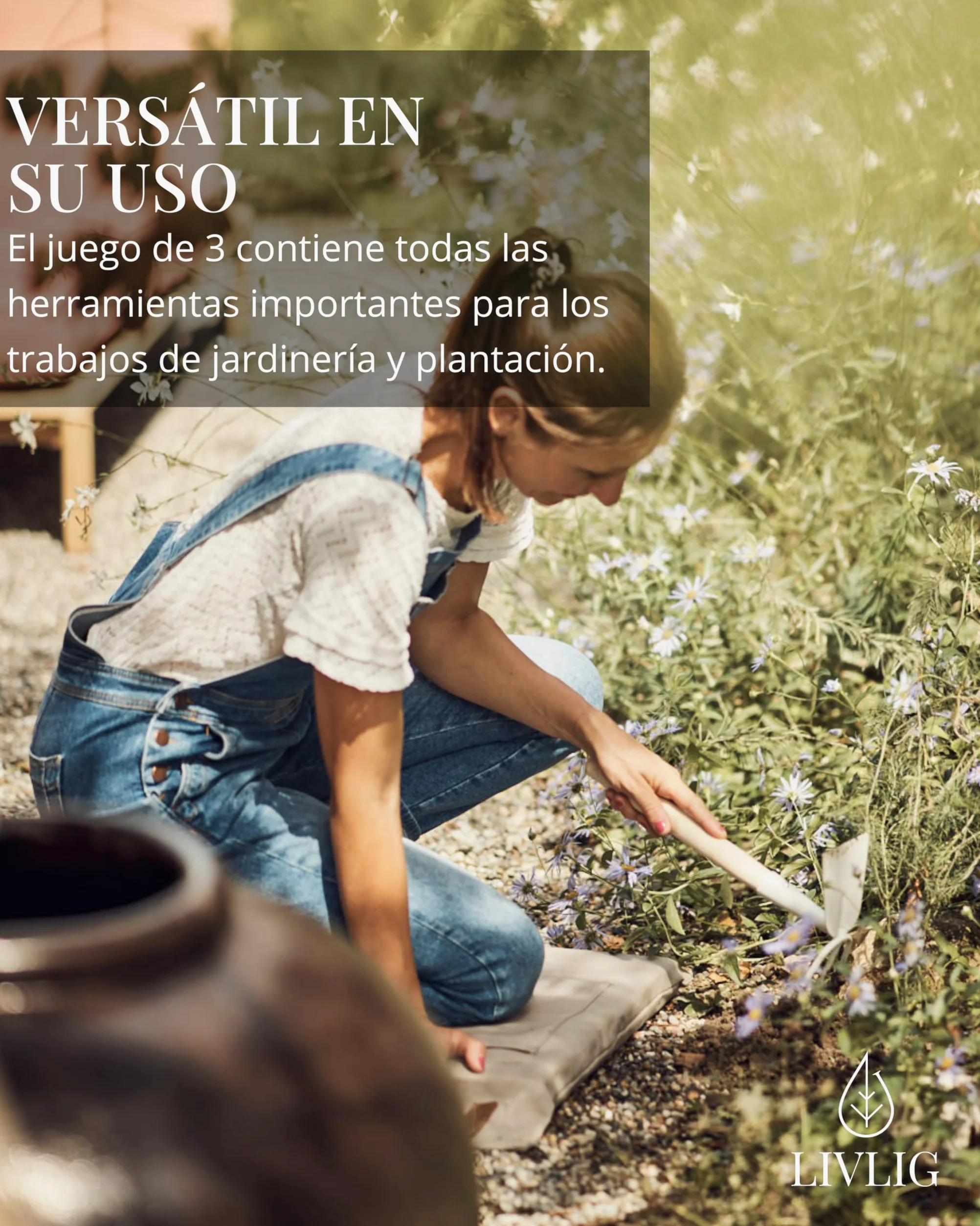 LIVLIG Juego de herramientas de jardín, juego de herramientas de jardín compuesto por pala, rastrillo, azada con tenedor, mango de madera de roble