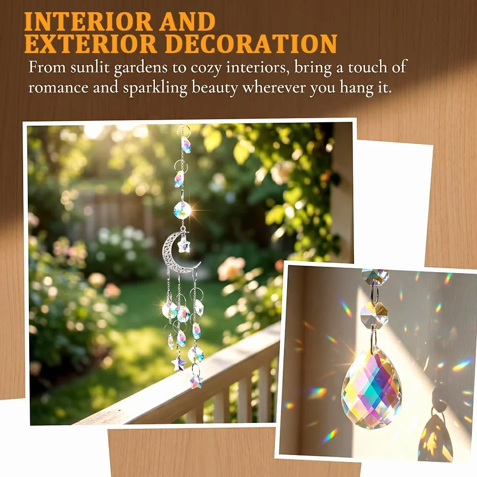 Campanilla de Viento de Cristal con Flor de Loto, 2 PCS Flor de Loto y Luna con Prisma de Cristal, Adorno de Ventana de Prisma de Vidrio Colores para Ventana, Dormitorio, Jardín, Oficina