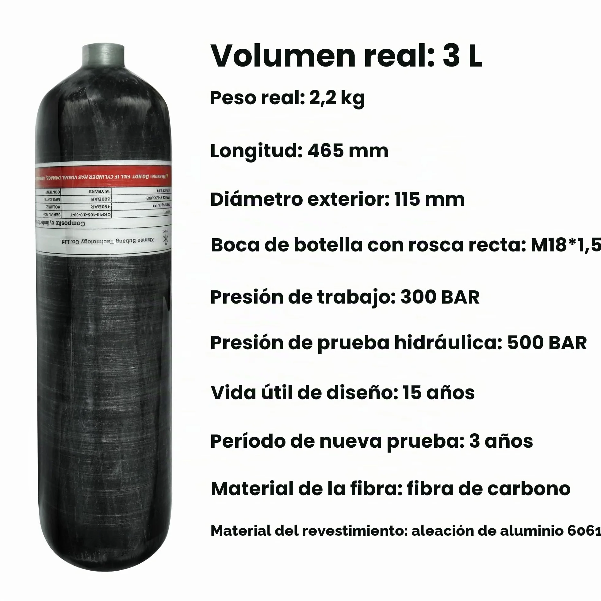 TUXING Cilindro de Fibra de Carbono 3 L 183 Pulgadas cúbicas Tanque de Aire Paintball 4500 PSI