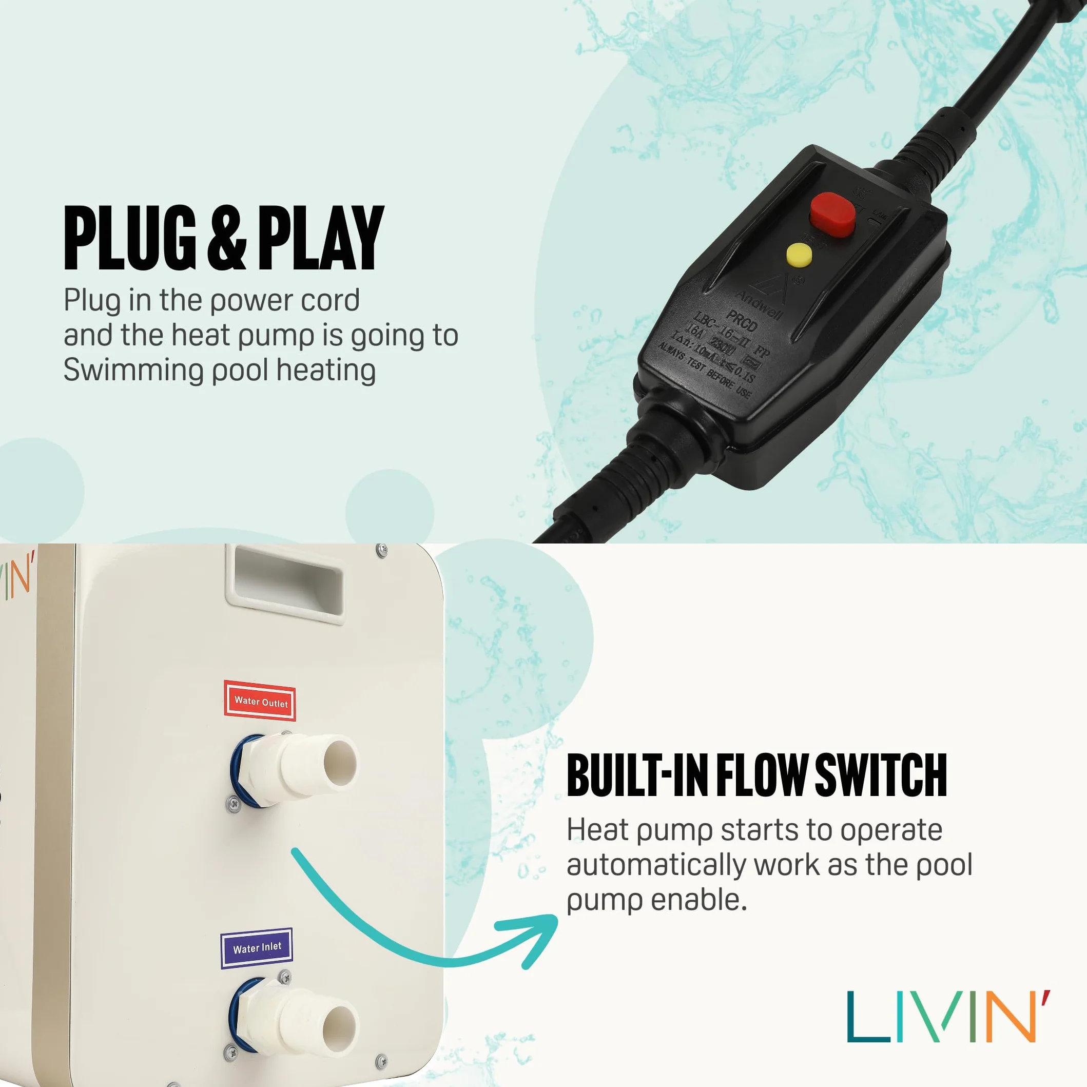 LIVIN' Minibomba de calor para piscina de 5 kW, accesorios para piscina con 32/38 mm de diámetro, para calentar piscinas grandes con 20.000 L de capacidad, indicador LED, corriente de 230 V,