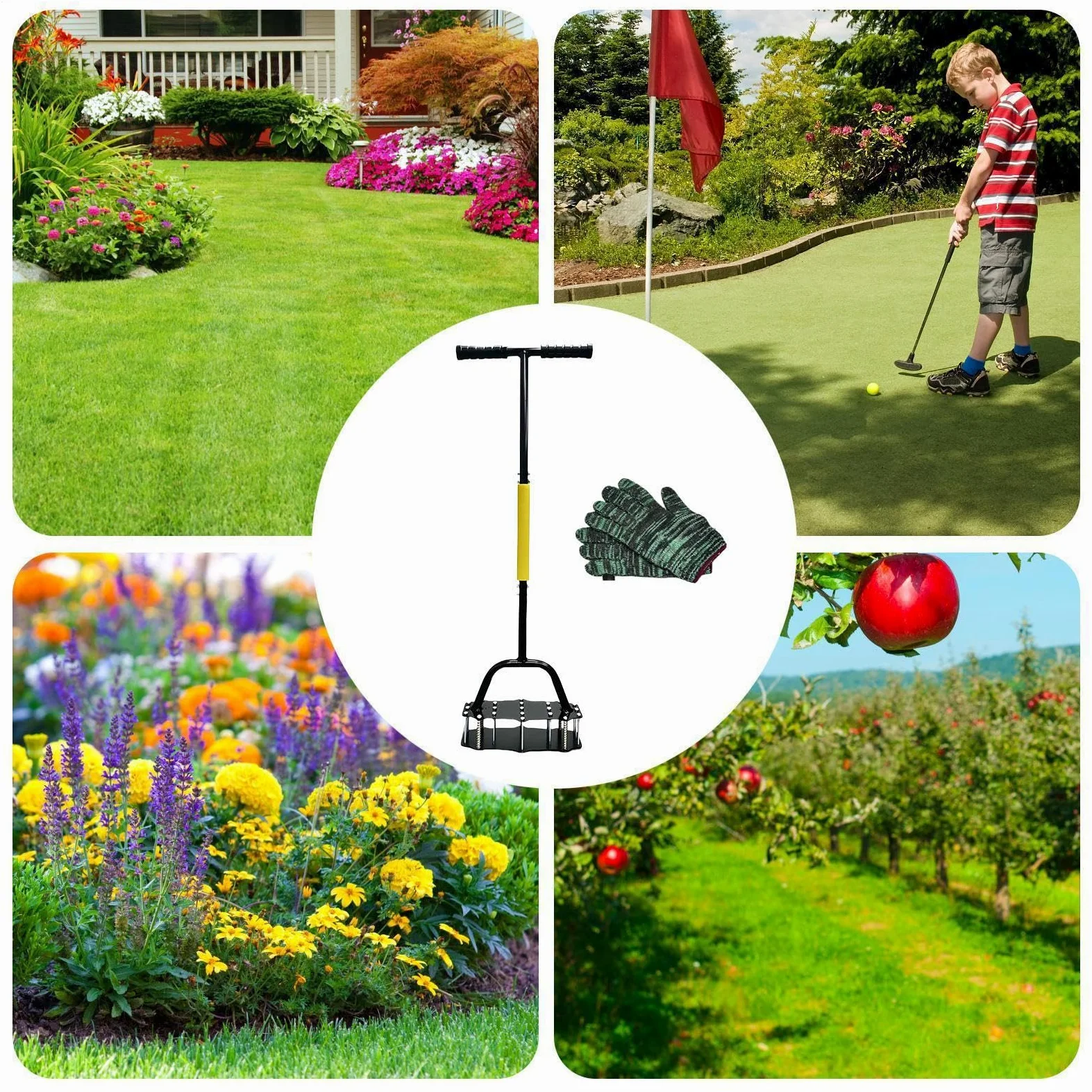 Aireador de césped Aireador Manual / Esponjador | Aireador con de resorte para prados de jardín con diecisiete púas de acero para Mantenimiento del Césped y Jardinería,
