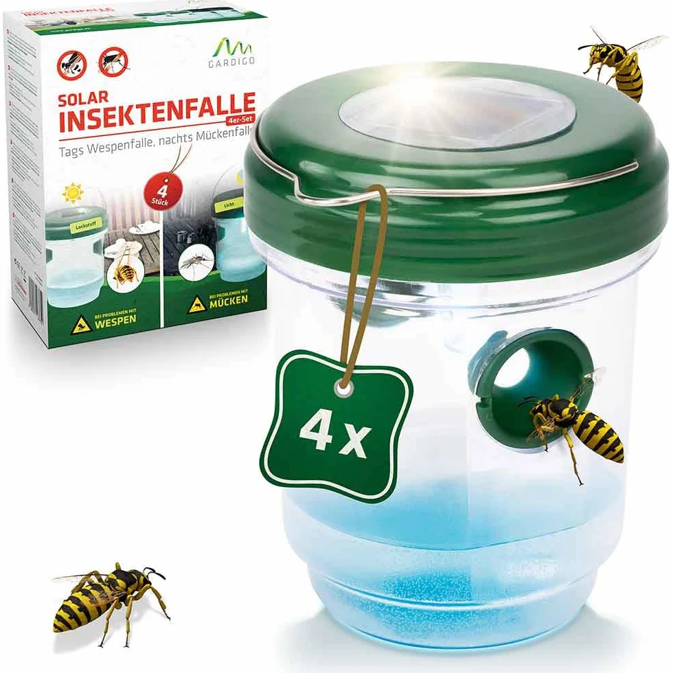 Gardigo® 2en1 Trampa Avispas Exterior y Antimosquitos Juego de 4 | con Luz LED | Atrapa Insectos | Anti Mosquitos | Trampas para Avispas | para Exterior