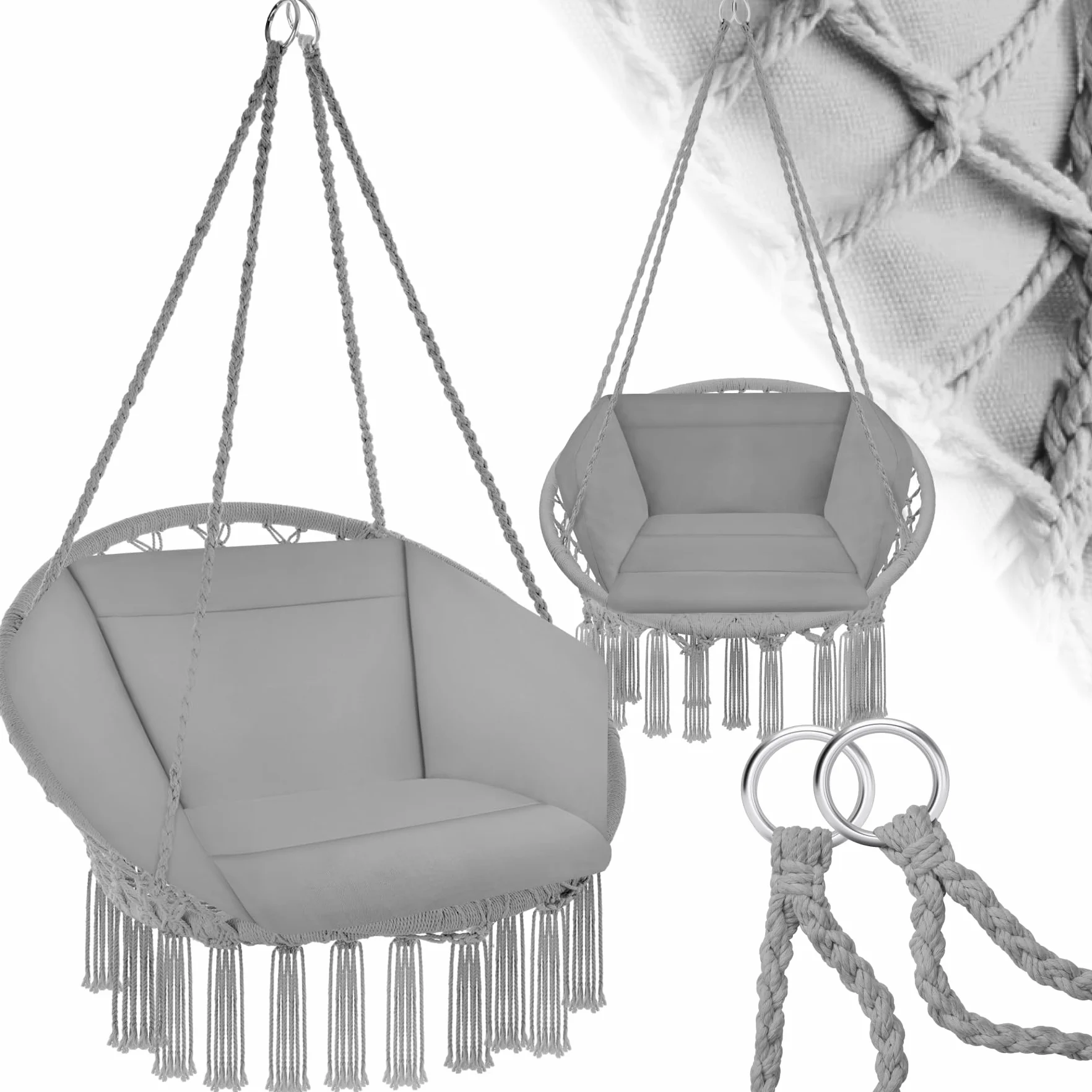 tectake® Columpio Jardín Exterior, Silla Colgante con Cojín Grande y Mullido, Sillón Balancín con Estructura Estable de Acero, Hamaca Colgante para Interior y Exterior, Trenzado en Algodón - Gris