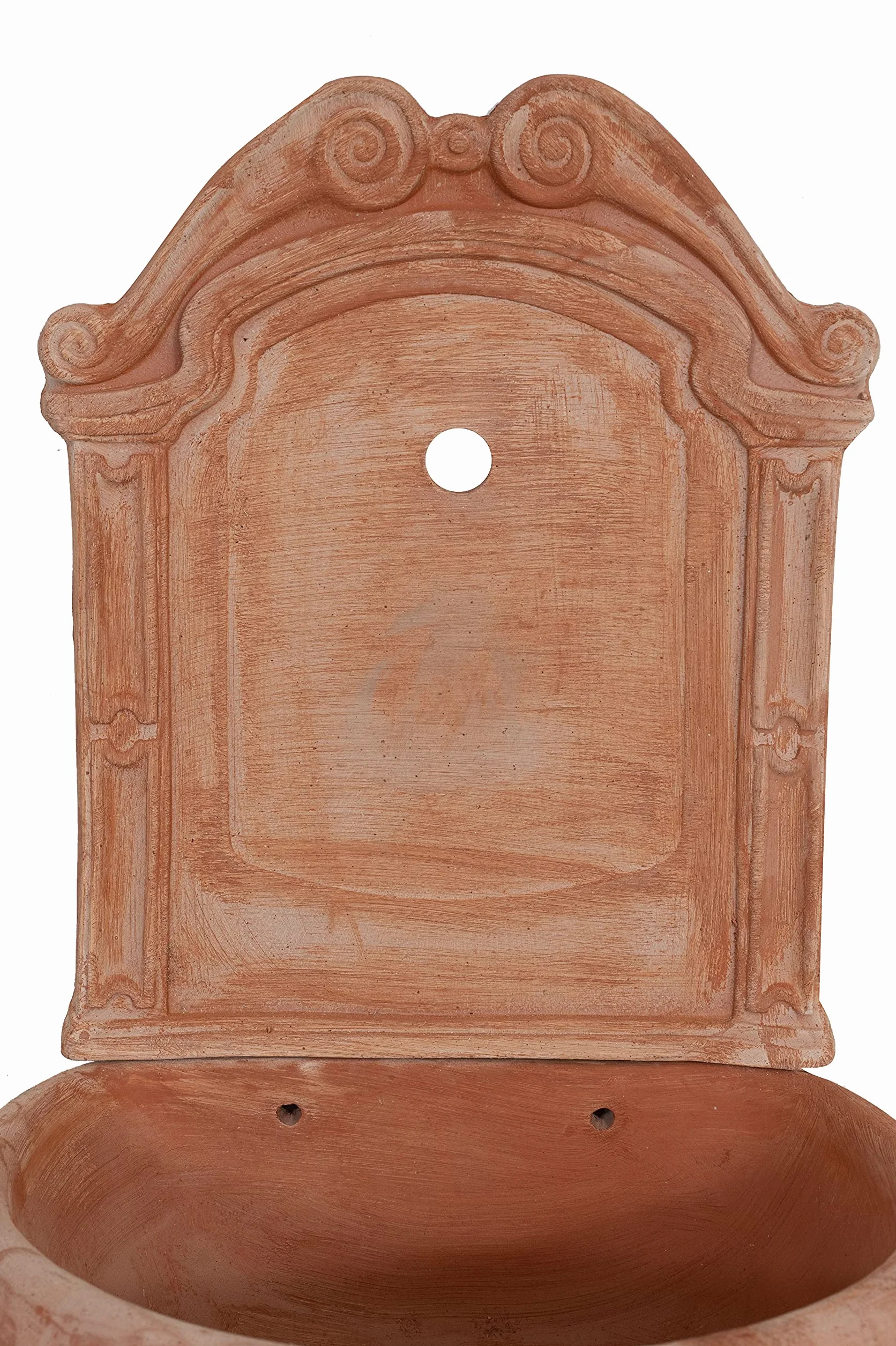 Biscottini Fuente de jardín exterior 45 x 36 x 64 cm – Fuente de pared de terracota hecha a mano – Fuente de jardín – Fuentes de pared – Lavabo decorativo de terracota con bañera y respaldo