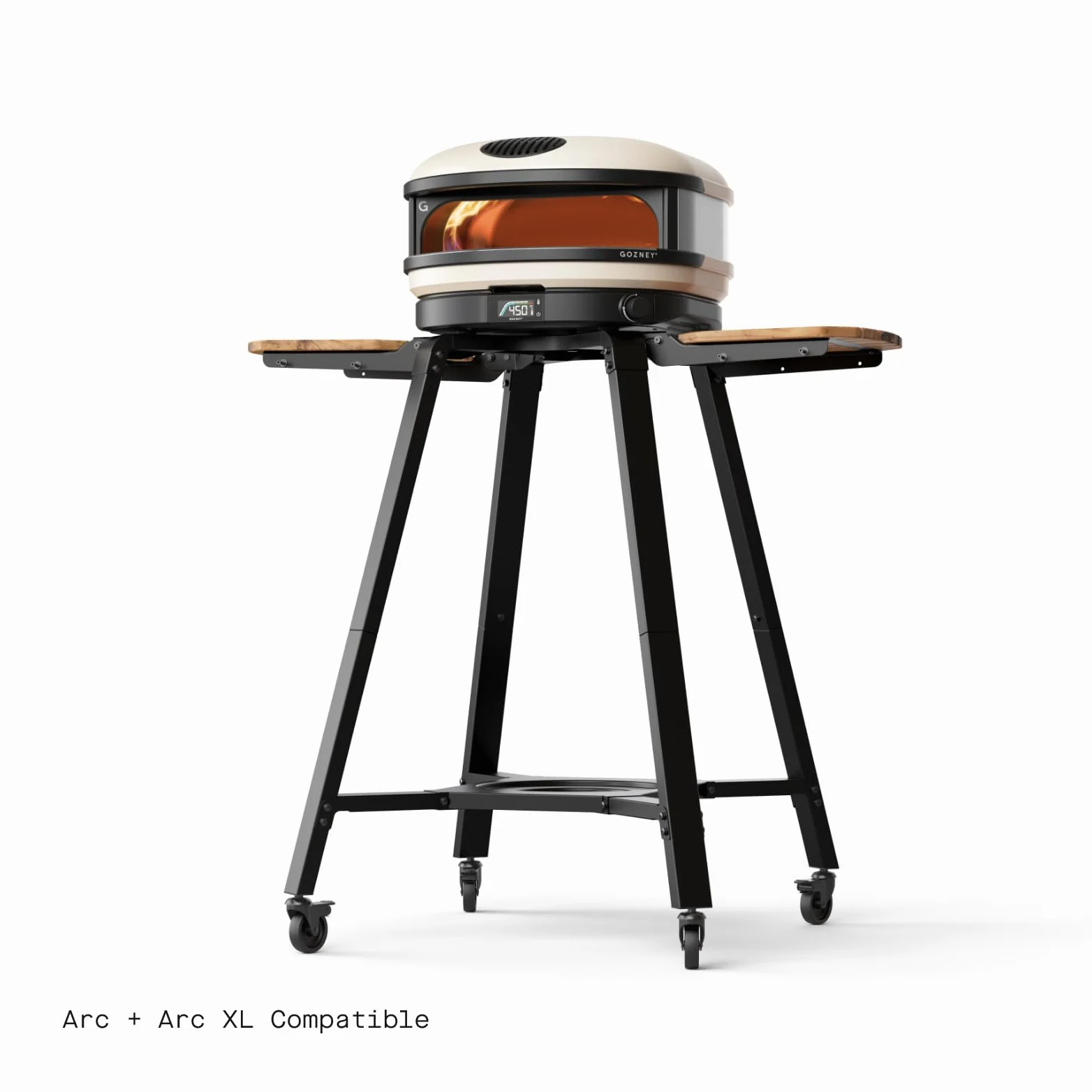Gozney Arc & Arc XL - Soporte para horno de pizza, soporte para exteriores con ruedas de bloqueo, alas de madera ajustables para ingredientes y herramientas, ganchos para colgar utensilios de cocina