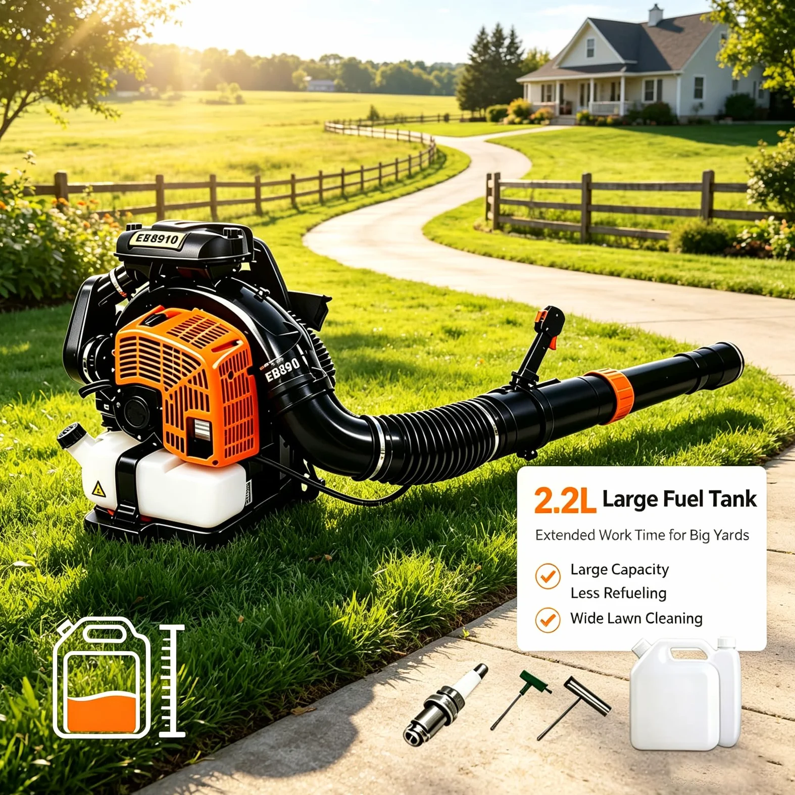 Soplador De Hojas De Gas 68cc, Filtración De Doble Capa 8500r/min | Soplador de hojas de gasolina con mochila de 2,2 L, mango de 180 grados, arnés ergonómico y ventilado(black)