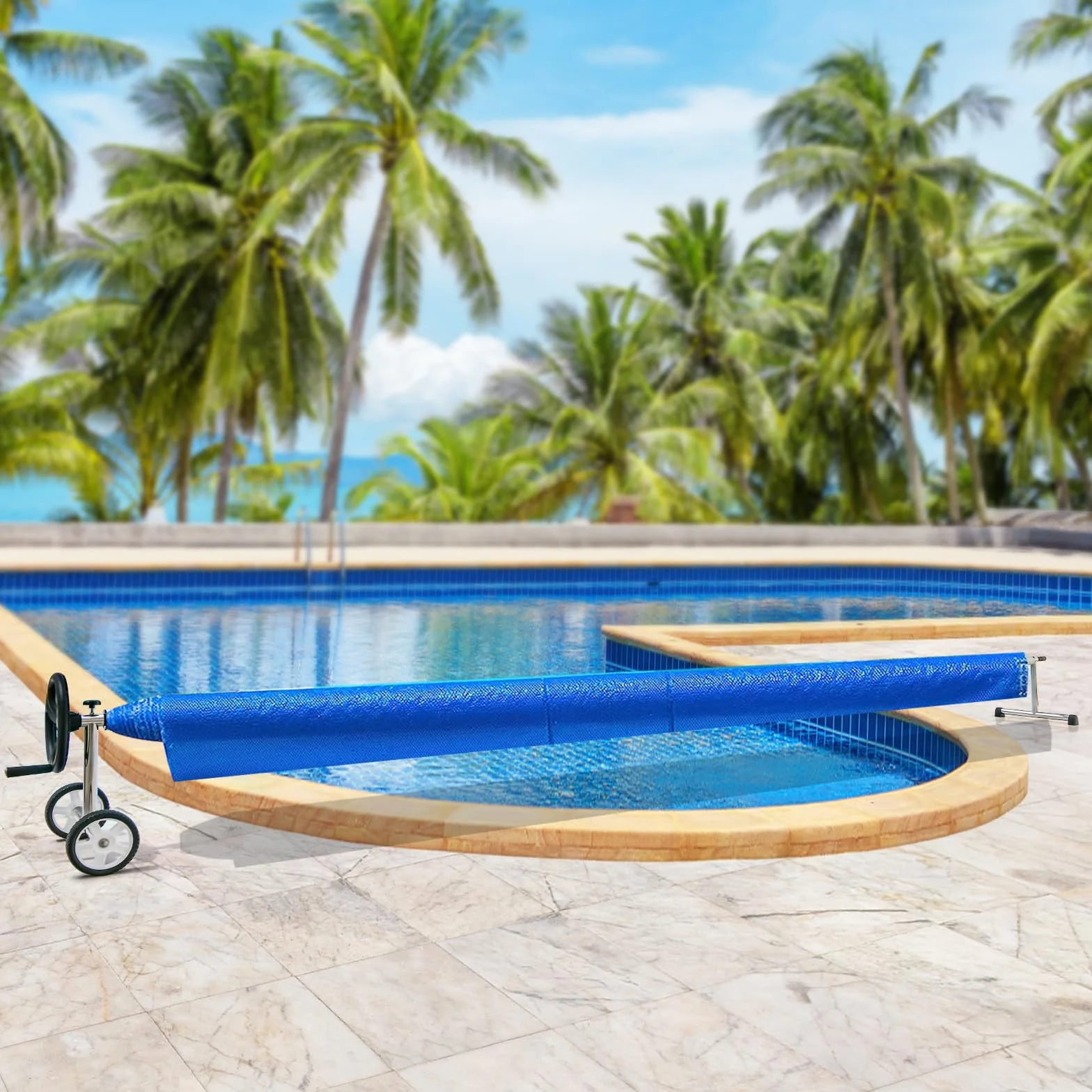 GOPLUS Enrollador Piscina para Liner de Piscina 1,65-7,7 m, Enrollador Lona Piscina de Aluminio y Soporte de Acero Inoxidable
