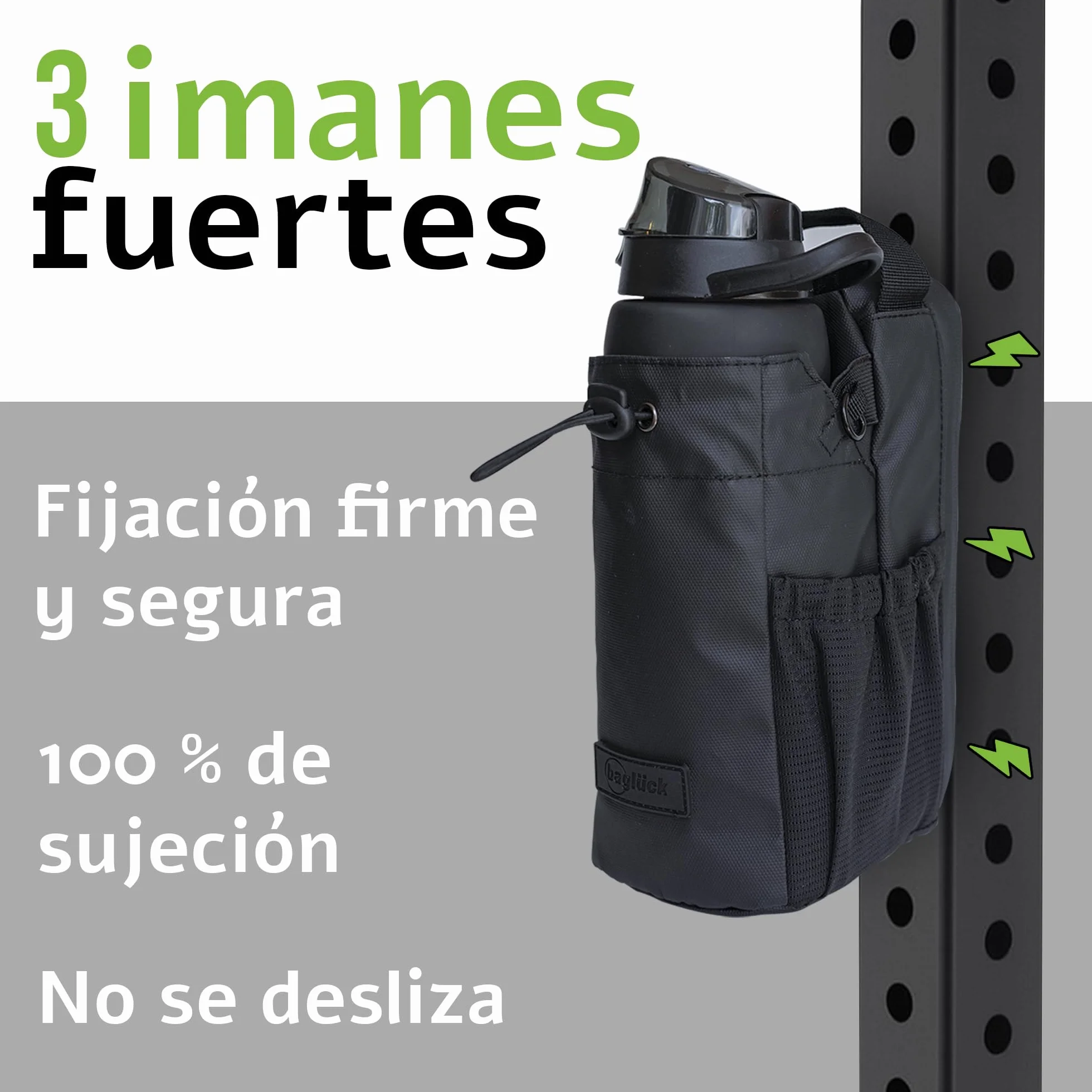 Bolsa Deportiva Magnética para Gimnasio con Soporte para Botella 1,5 L, Correa Ajustable, Negro