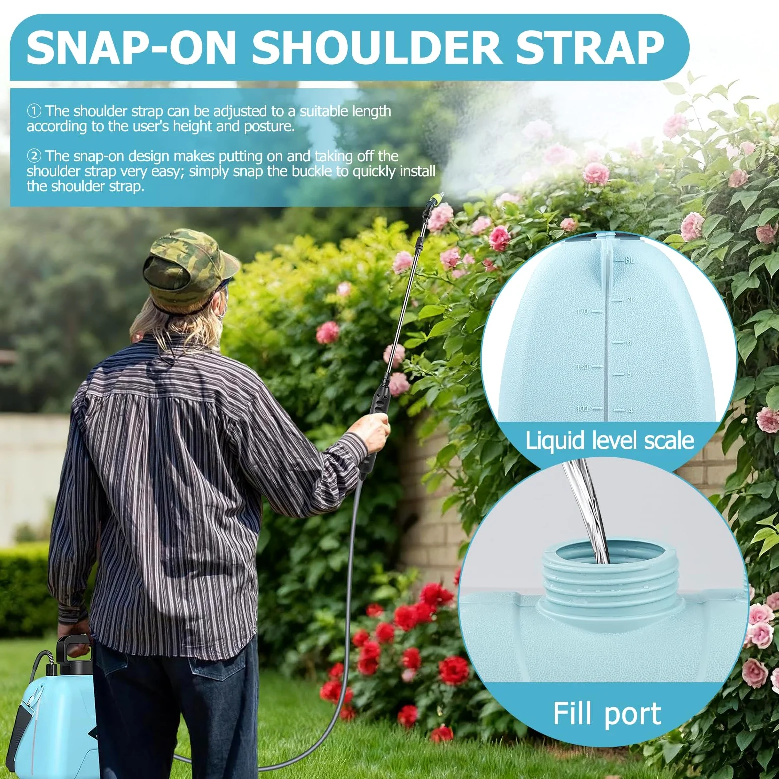 Nikou Pulverizador de Mochila a Presión, 8 litros Mochila Pulverizadora Eléctrico, con Correas de Hombro Ajustables para Horticultura, Silvicultura, Agricultura