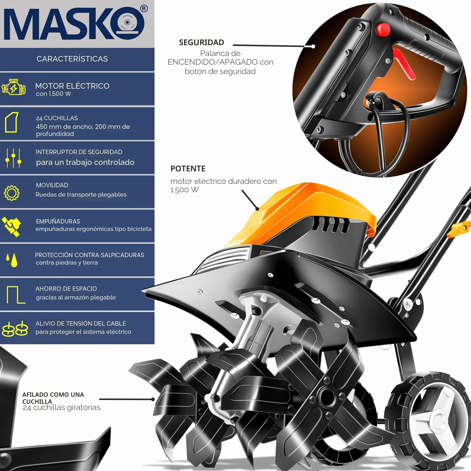 MASKO® Azada con Motor eléctrico 1500W | 40 cm de Ancho de Trabajo 20 cm de Profundidad de Trabajo | Azada del Suelo | Cultivador de jardín | Azada eléctrica | Carcasa metálica, Naranja