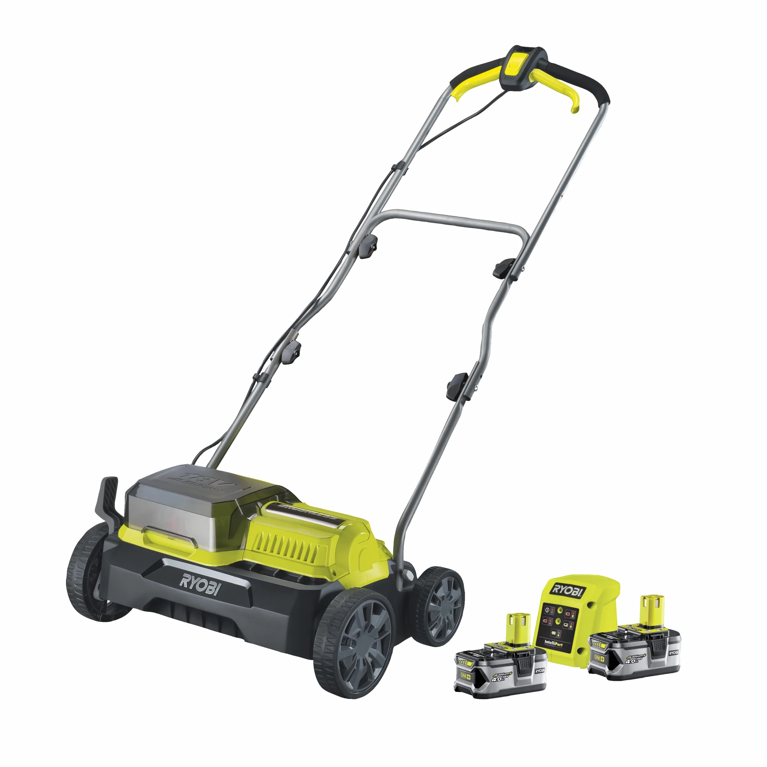 RYOBI - Escarificador Brushless Inalámbrico 18V ONE+ con 2 Baterías 4,0 Ah y Cargador de 2,0 A y Bolsa de Recogida 55l - Ancho 35cm - 4 Posiciones, 16 Cuchillas - Empuñadura Ajustable - RY18SFX35A-240