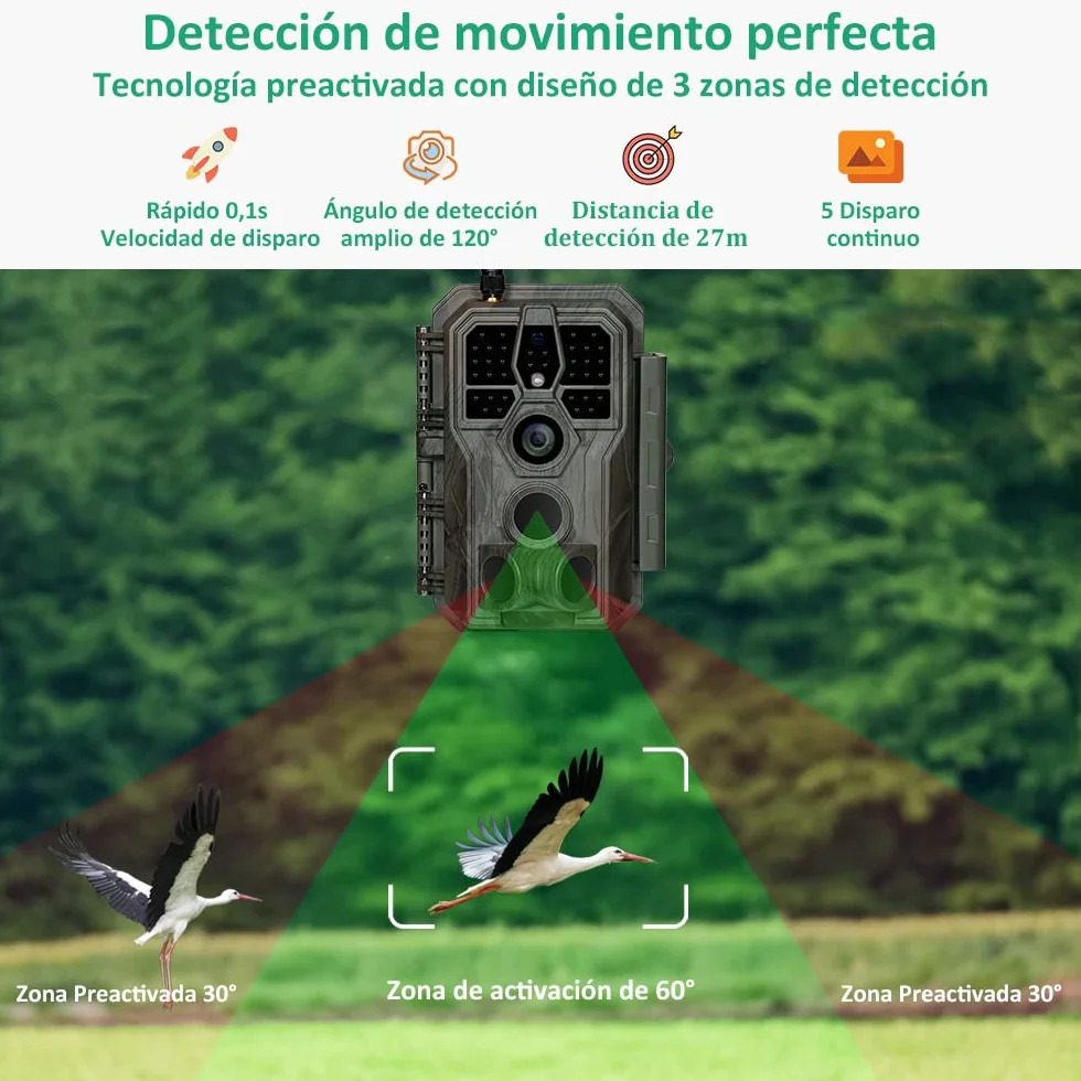 GardePro E8 Cámara Fototrampeo WiFi Bluetooth 64MP 1296P H.264 IP66 0,1s LED IR 940nm No-Glow