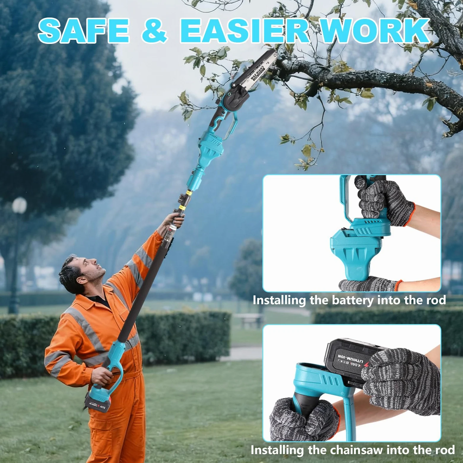 Motosierra telescópica y mini motosierra, 8 pulgadas, motosierra, perca extensible hasta 6-16 pies, 2 x 4000 mAh baterías de poda eléctrica para árboles (azul)