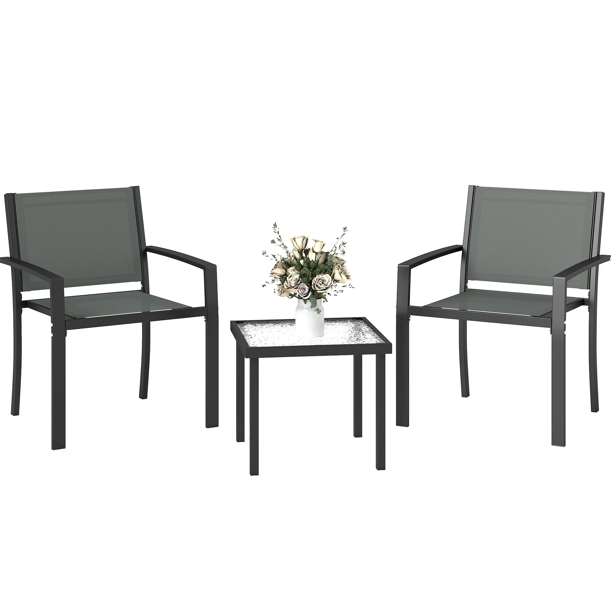 Outsunny Conjunto de Mesa y Sillas de Terraza Exterior 3 Piezas, Muebles de Jardín Exterior con 2 Sillas Anchas de Textilene, Mesa de Vidrio Templado, para Patio, Balcón, Gris Claro