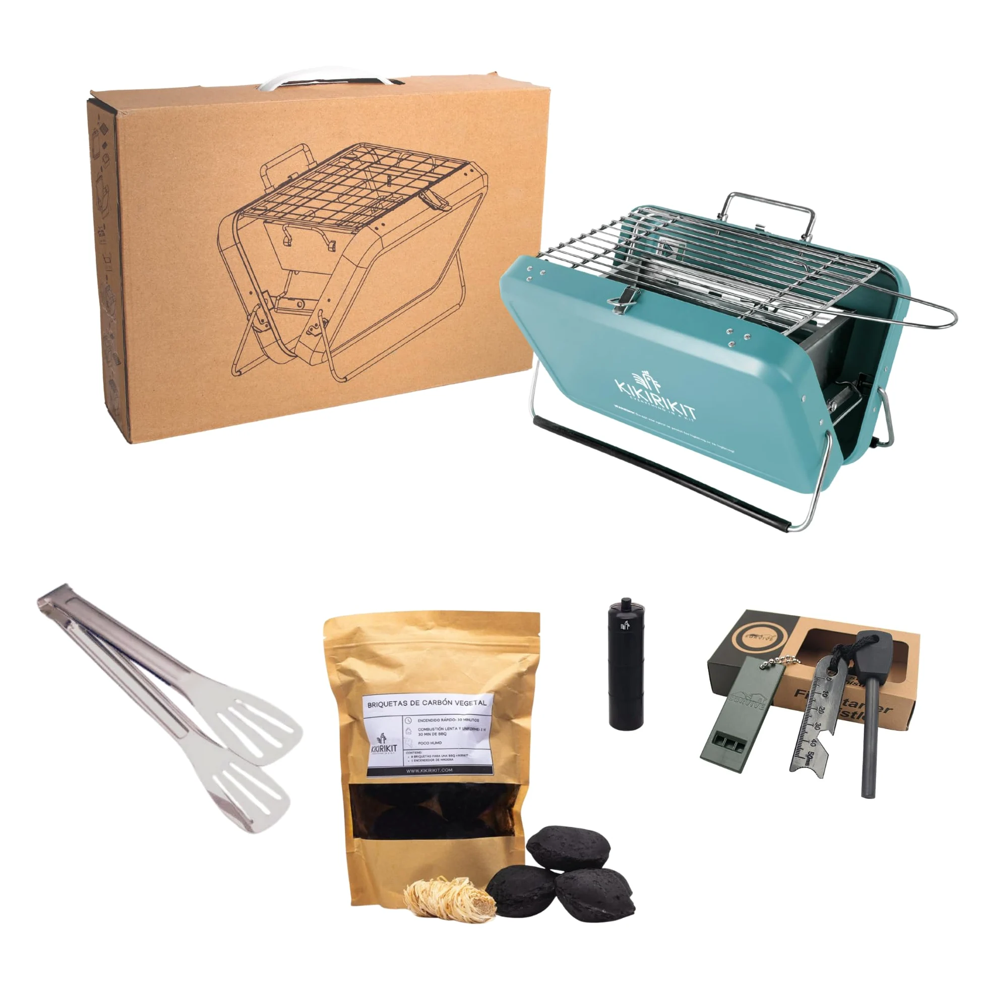 KIKIRIKIT - Barbacoa carbón - Barbacoa portátil carbón- Barbacoa plegable - Kit Barbacoa - Accesorios Camper- Regalo original - Regalos para padres (Turquesa, Super Kit)