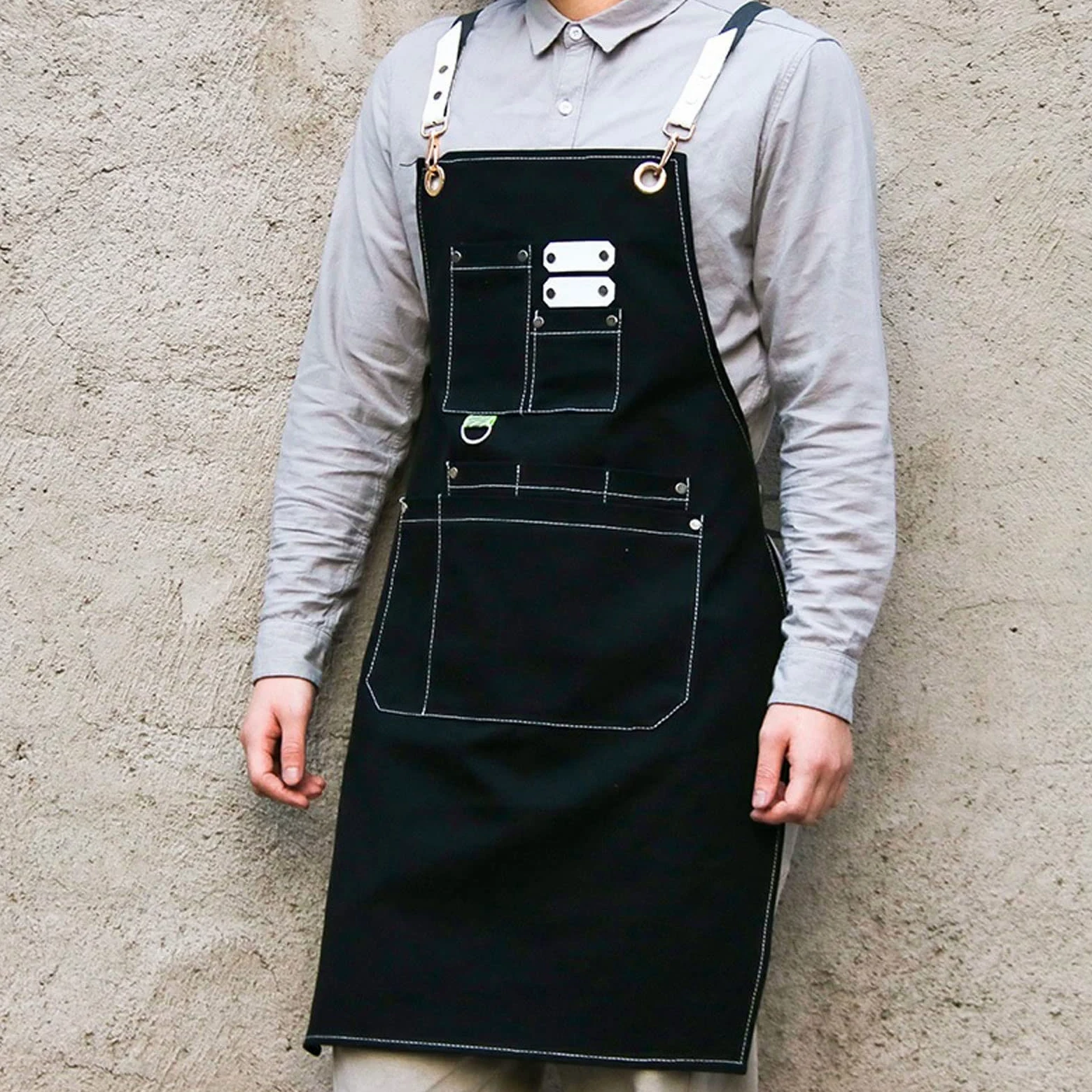 Delantal de Mezclilla para Trabajo, Ropa de Trabajo para Hombres y Mujeres, peluquería, Tienda de té, floricultura, Restaurante, Cocina y repostería (Gris)