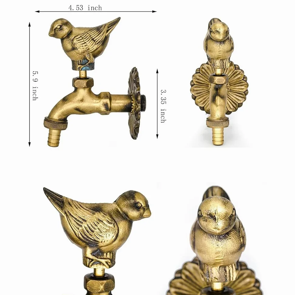 Grifo de latón vintage para jardín, diseño de gorrión de jardín, para manguera de exterior, grifo de agua fría para manguera de jardín