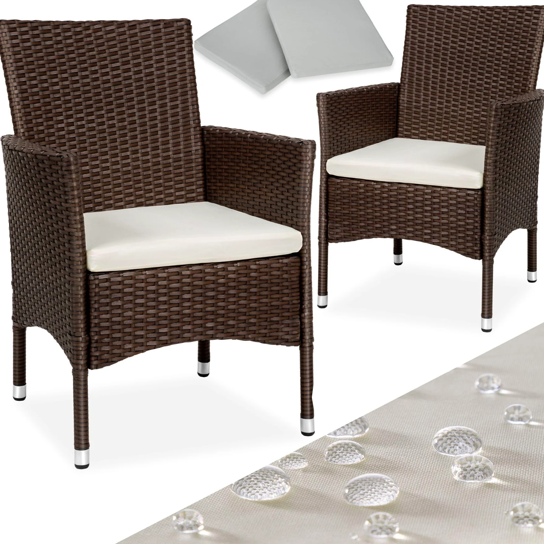tectake® Set de 2 Sillones en Poliratán y Acero, Muebles Jardín Exterior, Sillón para Conjunto Jardín Exterior, Cojines con Fundas Intercambiables, Fácil Montaje - marrón/Beige