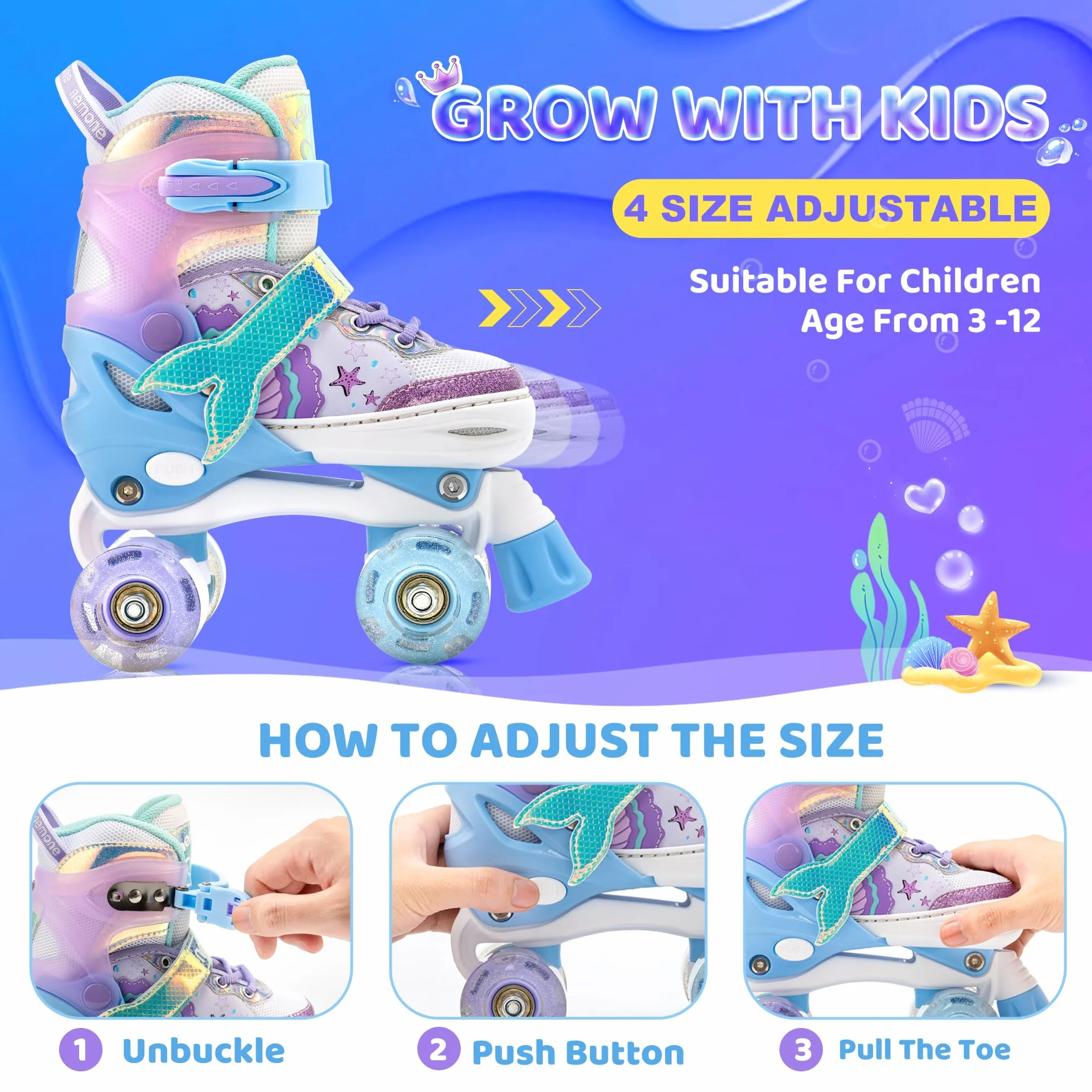 NEMONE Sirenita Patines de Ruedas Ajustable Niñas 4 Ruedas para Principiantes