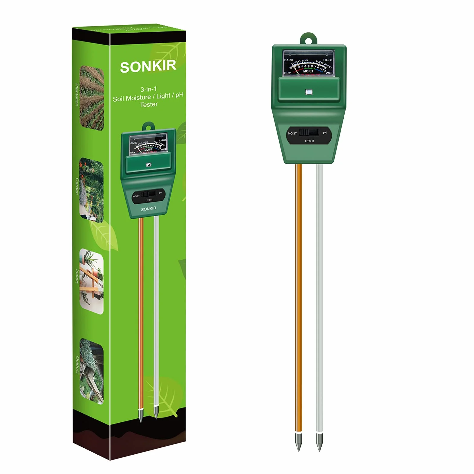 Sonkir Medidor de pH de Suelo, 3 en 1, medidor de Humedad/luz/pH del Suelo, Kits de Herramientas de jardinería para el Cuidado de Plantas, Ideal para jardín, césped, Granja (Verde)