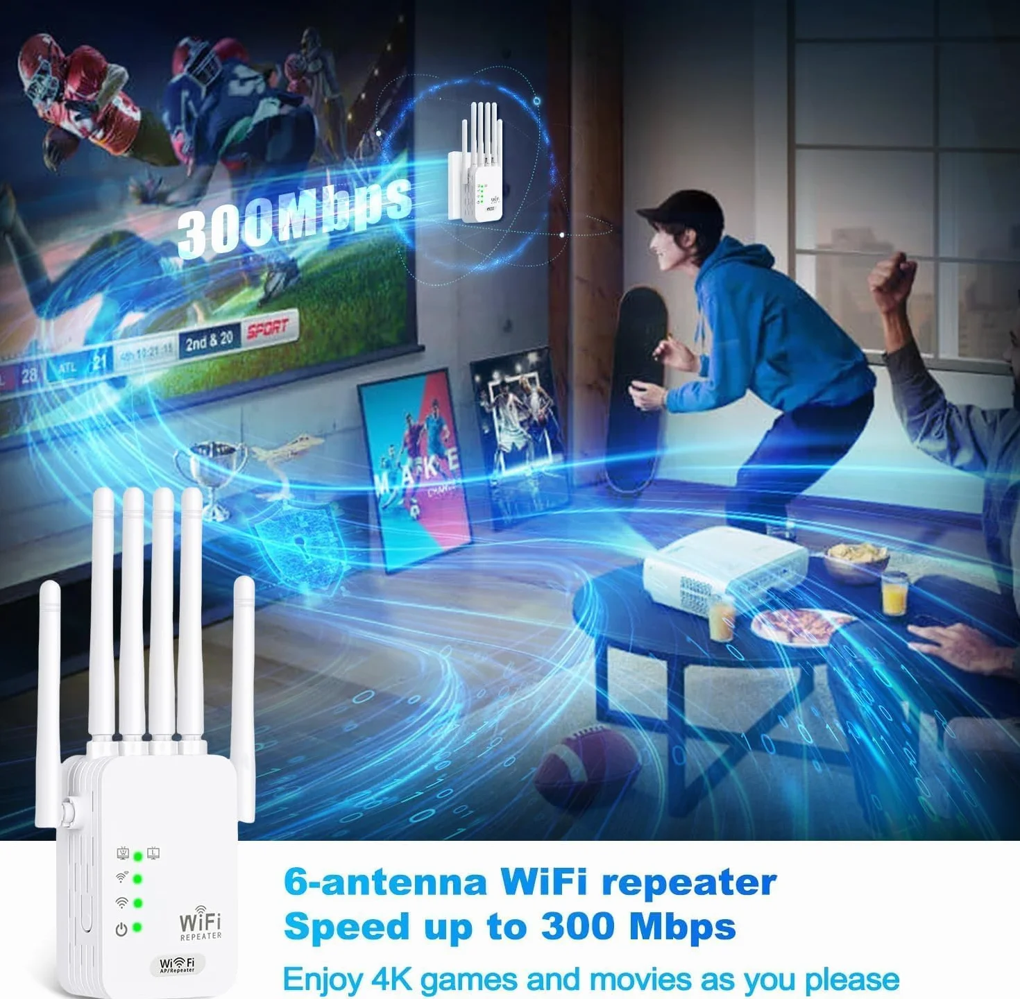 Repetidor WiFi 1200Mbps 2.4GHz Extensor Señal 6 Antenas Puerto Ethernet