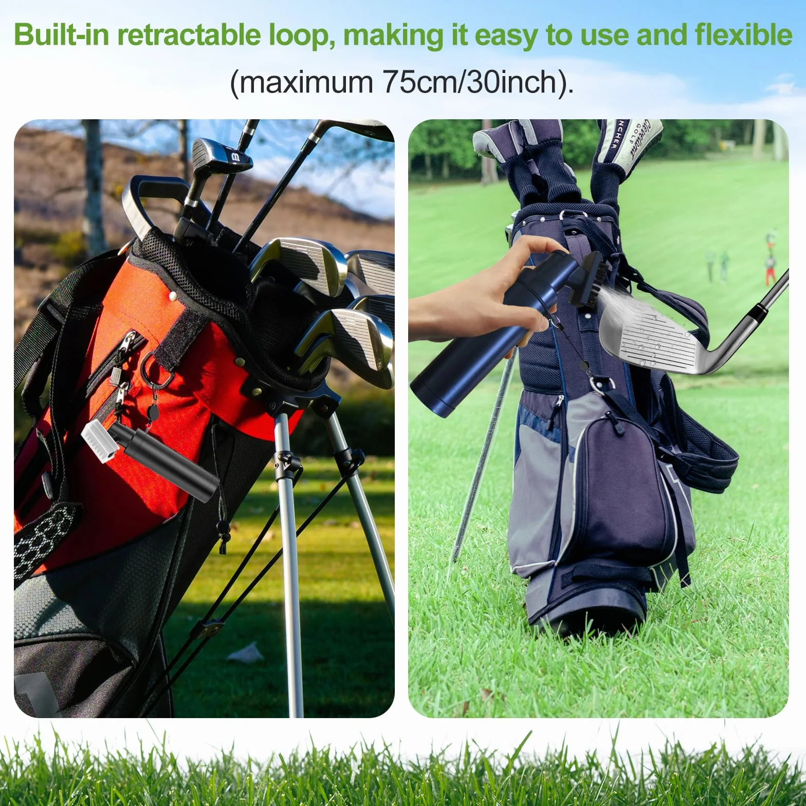 Cepillo limpiador de palos de golf 360° con clip mosquetón y botella a prueba de fugas, herramienta ligera compacta para palos, pelotas y zapatos