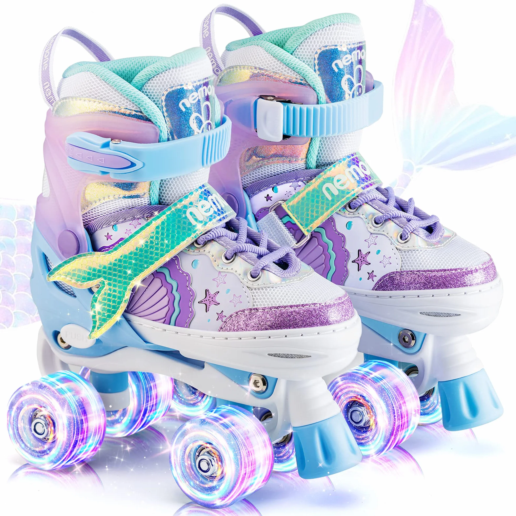 NEMONE Sirenita Patines de Ruedas Ajustable Niñas 4 Ruedas para Principiantes