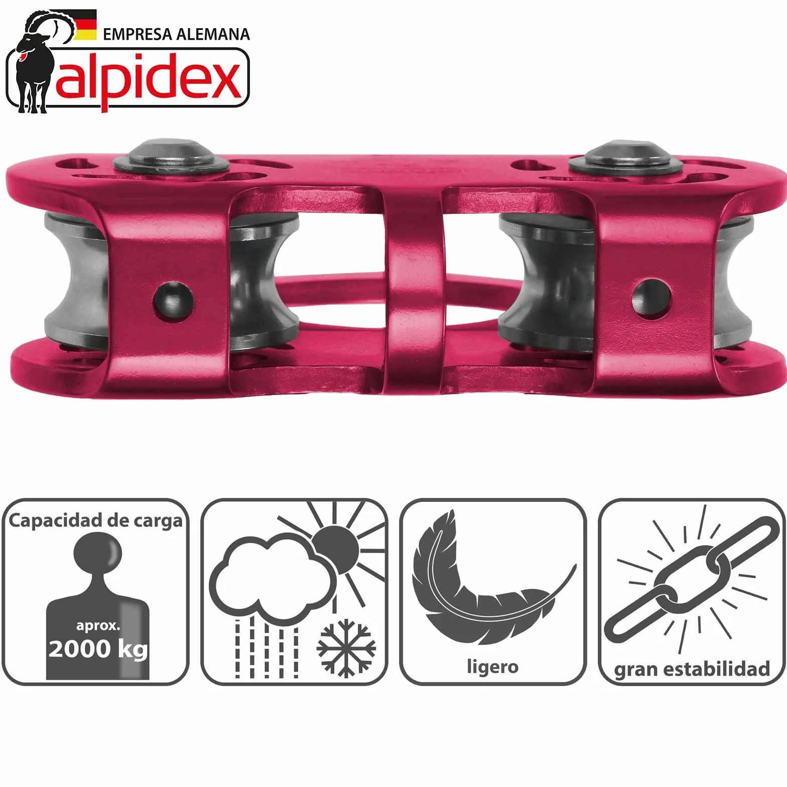 ALPIDEX polea de reenvío 20 kN Tandem Pulley para cuerdas textiles 13 mm cables 12 mm EN12278
