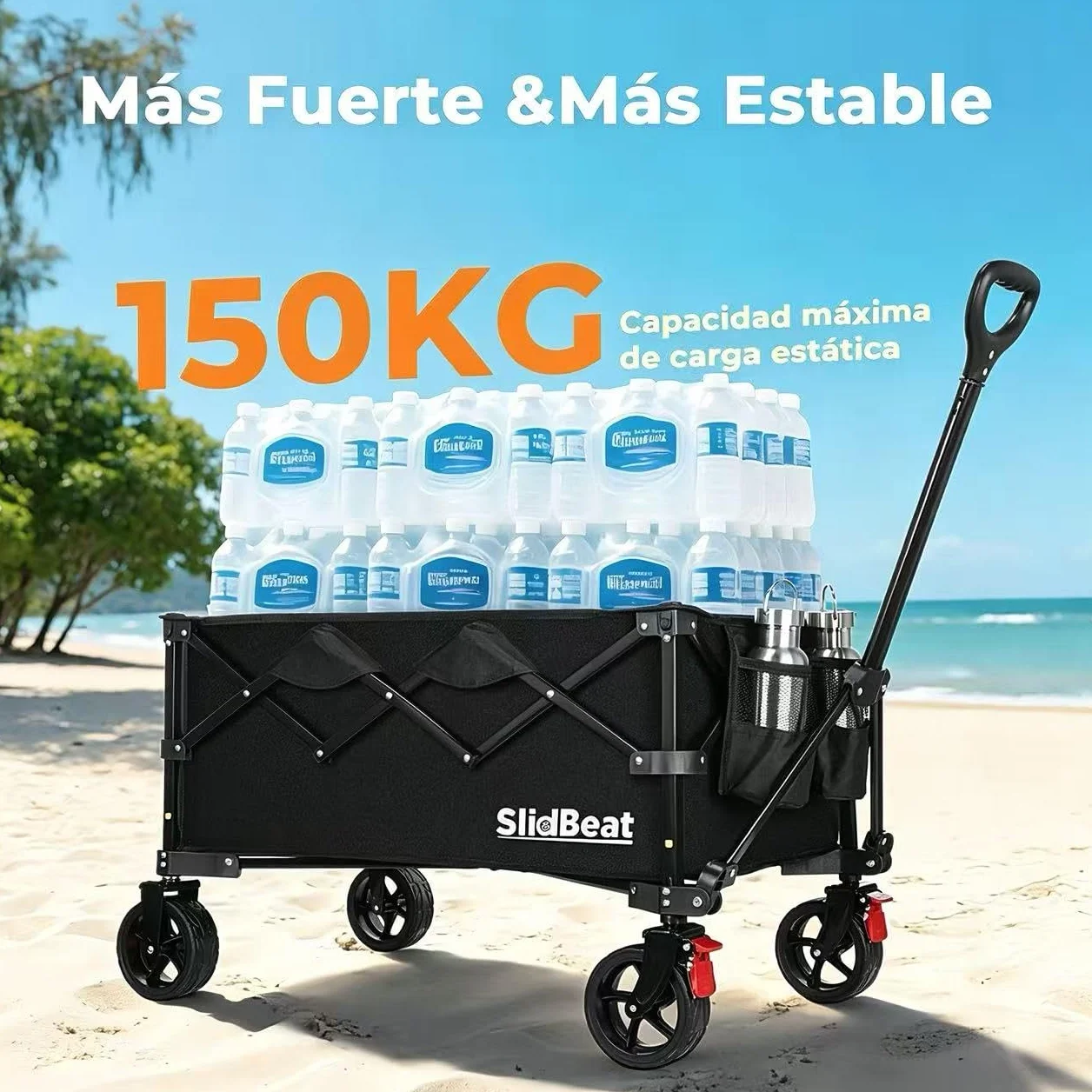 SLIDBEAT Carro de Playa Plegable (150L) para Camping, Picnic y Jardín. Carga 150KG, Ruedas Todo Terreno, Doble Freno y Mango Ajustable. Recipiente Interior Extraíble y Lavable a Máquina