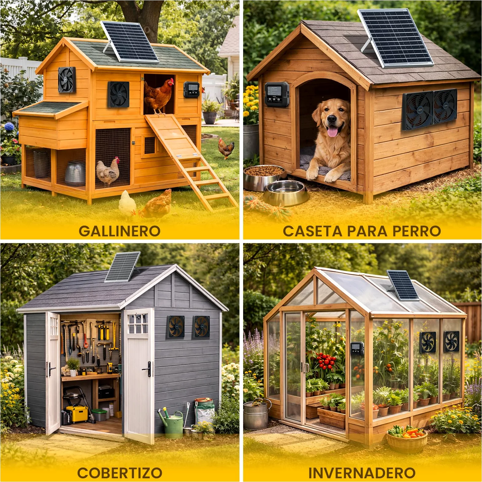 Ventilador Solar para Gallinero e Invernadero, Doble Ventilación Solar con Batería, Entrada o Extracción de Aire, Caja de Control con 3 Modos