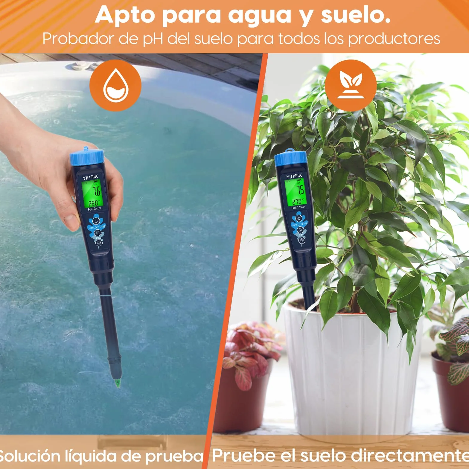 YINMIK Medidor de pH del Suelo, probador Digital de pH del Suelo y la solución, pH medidor Profesional para medir Alimentos, Agua, Carne, Cerveza elaboración, Piscina, Queso, Pan, Invernadero jardín