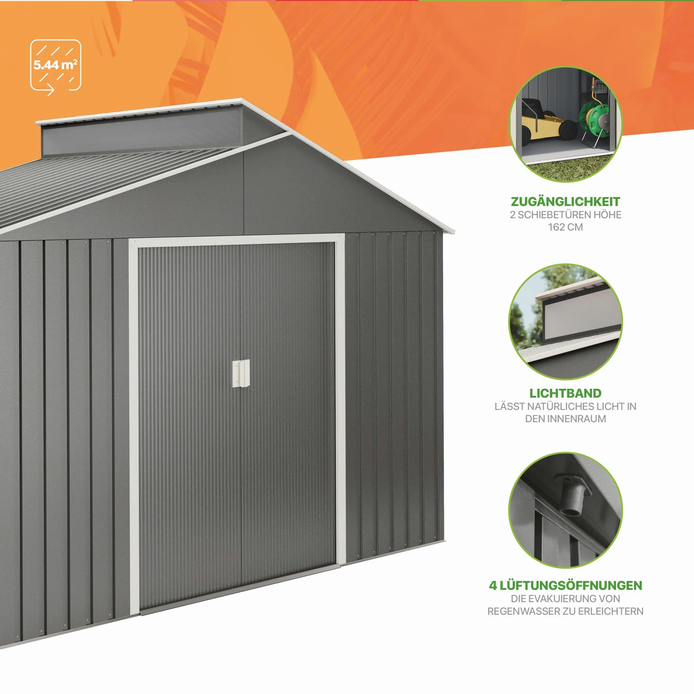 Caseta Jardín Exterior 5,44 m2 Latte – Color Metalizado Premium - Tragaluz de Policarbonato – Puerta Corredera Doble – Techo Inclinado - Cobertizo para terraza metálico de Almacenamiento