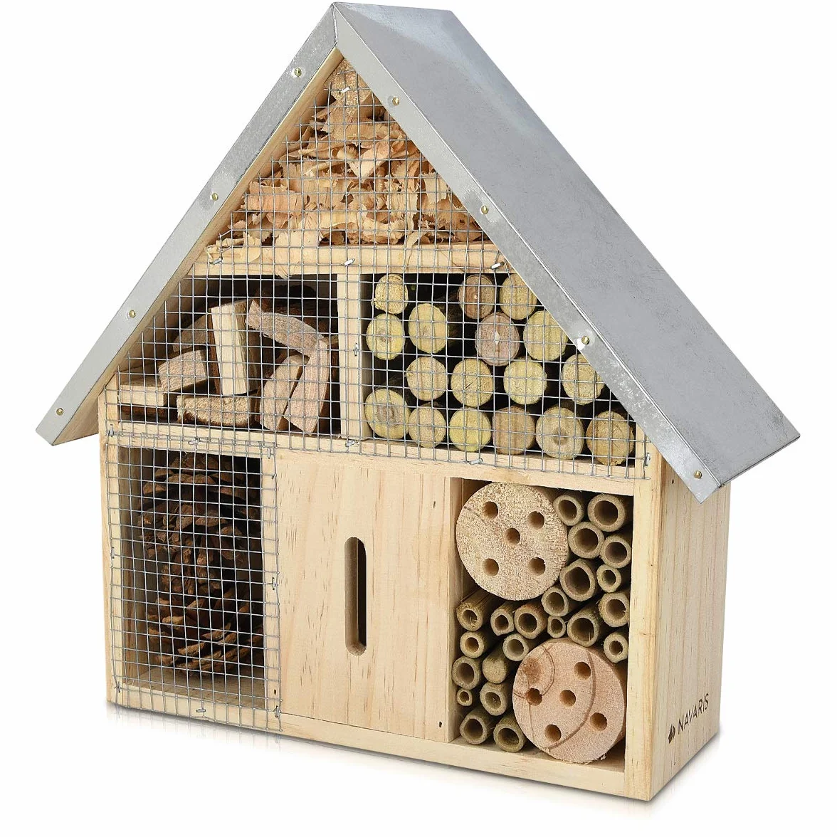 Navaris Hotel de Insectos Madera M - observatorio de Insectos 24,5 x 28 x 7,5cm - casa Natural con Cubierta metálica y Gancho para Diferentes bichos