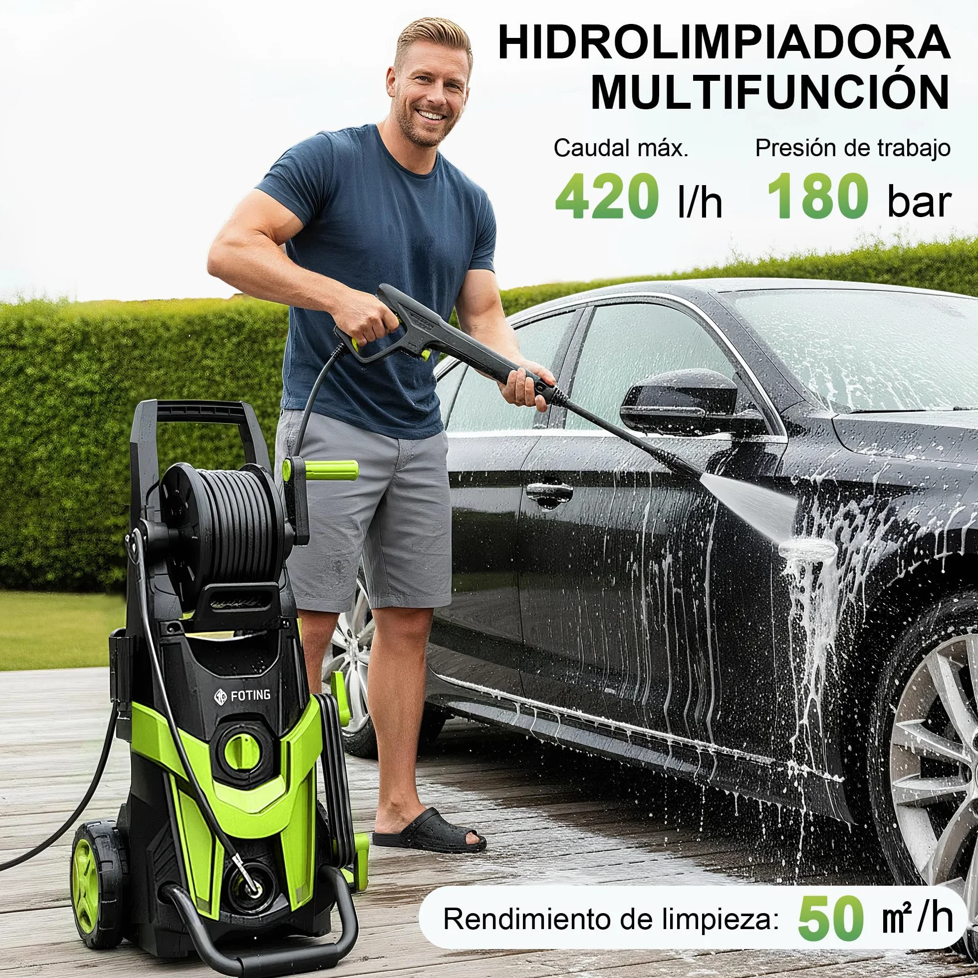 2026NEW Hidrolimpiadora de Alta Presión 180 Bar, 420 l/h, con Carrete para Manguera, Depósito de Espuma y Boquilla Ajustable 6 en 1, Rendimiento de hasta 50 m²/h, para Coche, Terraza y Jardín