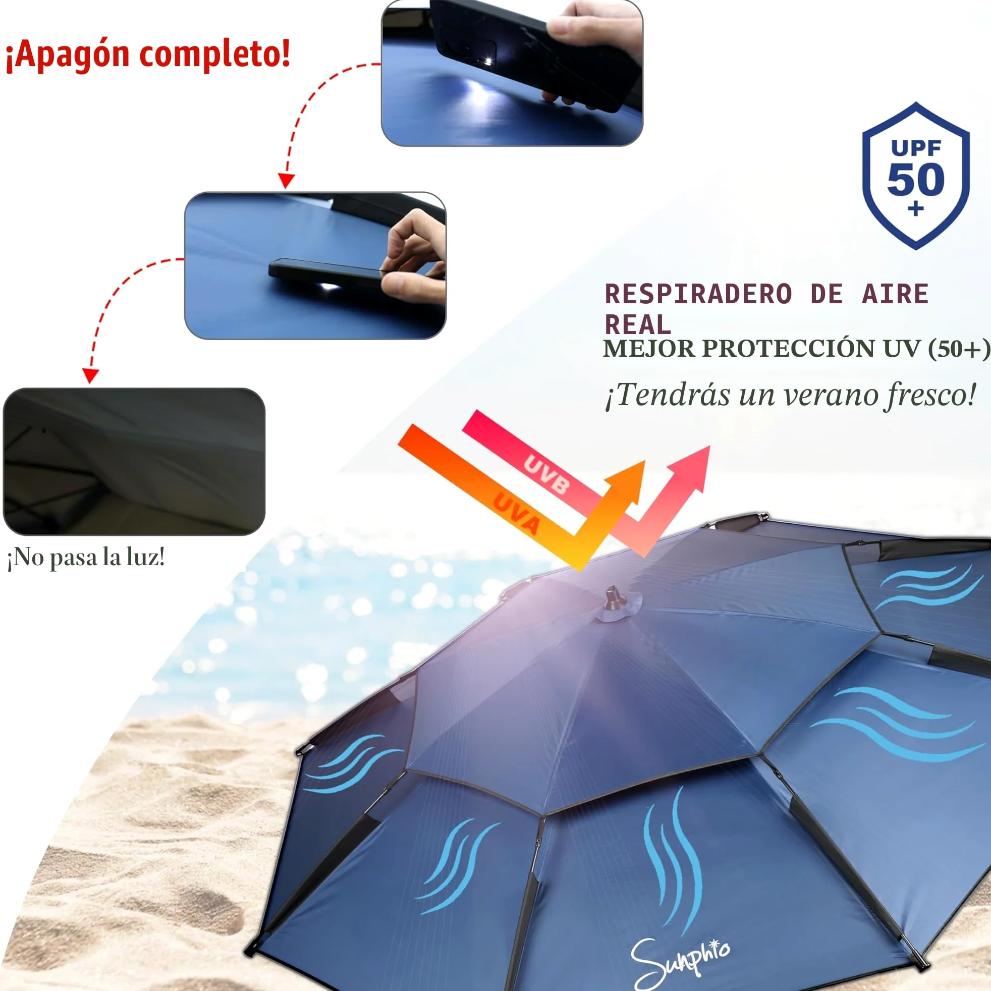 Sunphio Sombrilla Playa Grande Antiviento 220 cm, Proteccion Solar UV 50, Paraguas Playa Resistentes al Viento Reforzada, Pequeña, Fuertes, Ligera y Portátil, Sombrillas Jardín Paravientos