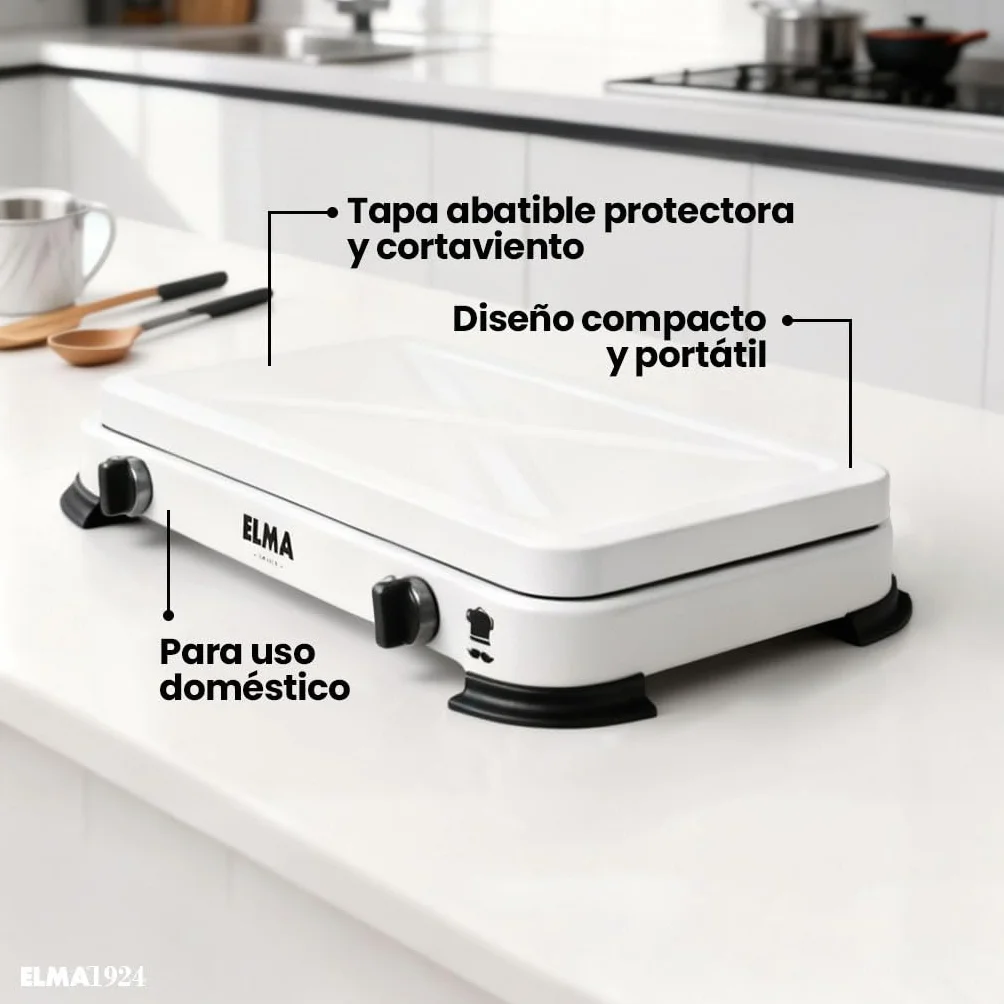 ELMA Cocina a Gas Portátil 2 Fuegos – Compacta y Ligera, Ideal para Camping, Caravanas y Uso en Casa | Compatible con Gas Butano y Propano, Incluye Instrucciones de Montaje | 58 x 28 x 5,5 cm