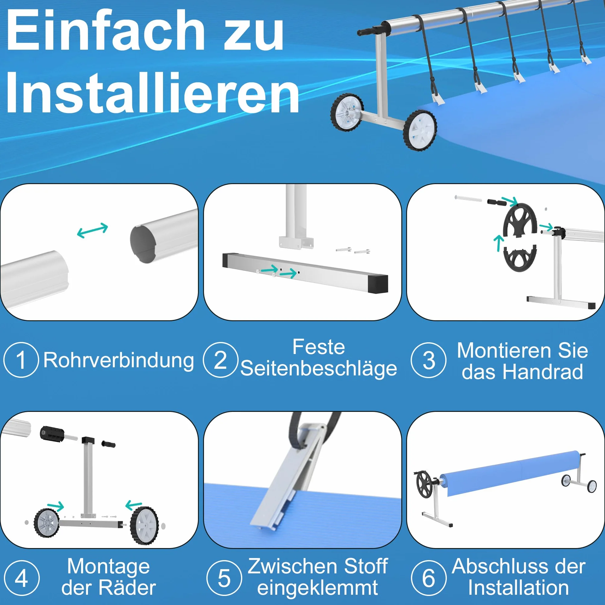 Cubierta de piscina de aluminio, sistema de enrollado con manivela, ruedas y 8 clips, ajustable de 3 a 5,7 m para tubos de piscina de 7,6 a 8,1 cm. Dispositivo móvil enrollable