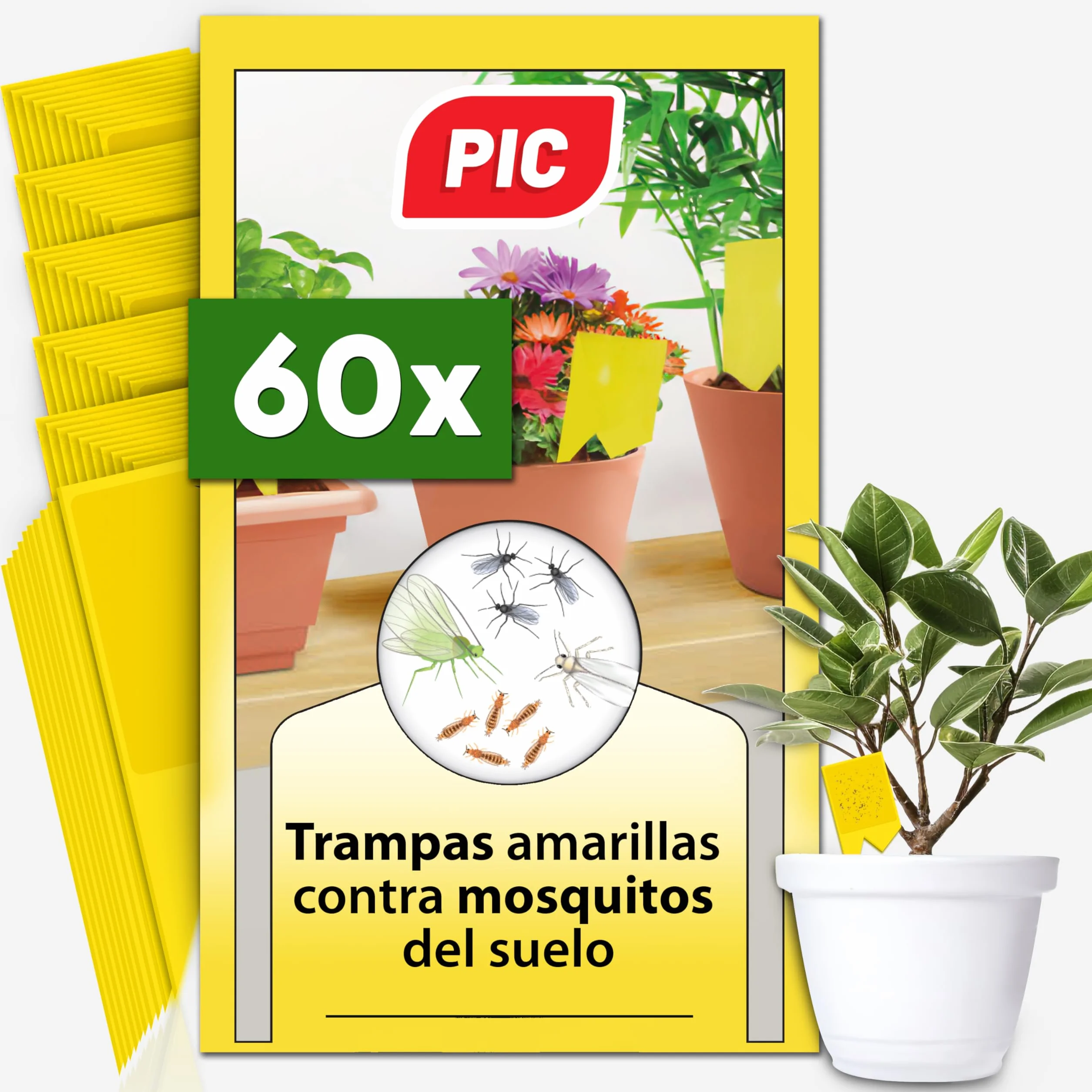 PIC Trampas Cromaticas Amarillas contra para Mosquito del Mantillo - 60x Pegatinas Trampas para Mosquitos, Eficaz Trampa Mosquitos No Tóxica, Ideal para Plantas De Interior contra Moscas pequeños