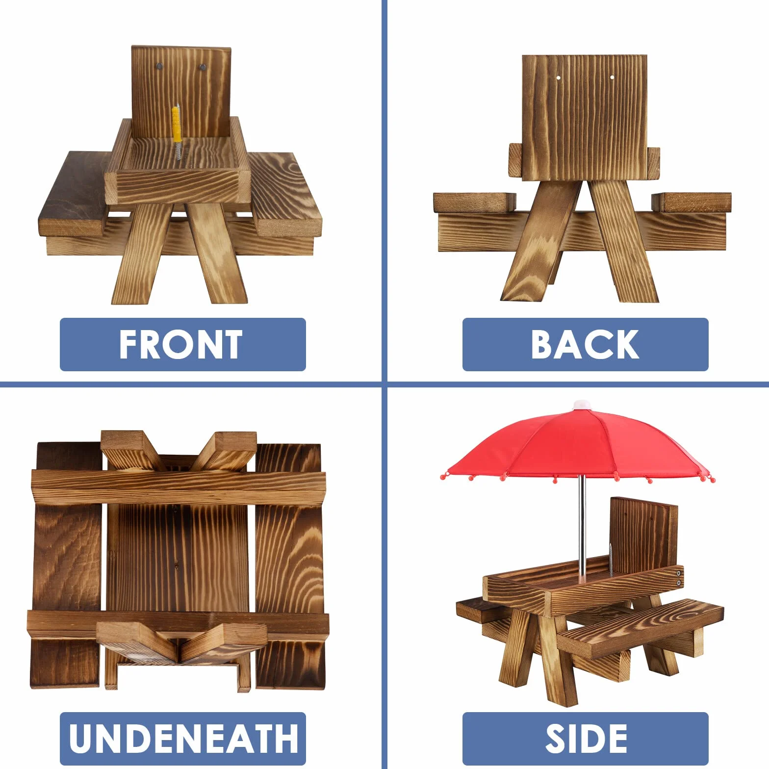 Comedero de ardillas de madera para exteriores, divertido mesa de alimentación para ardillas con un paraguas para jardín, patio, árbol