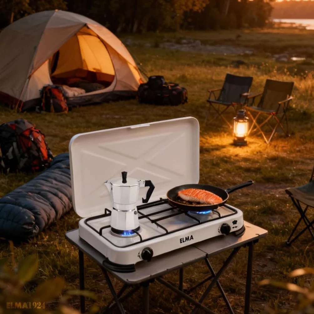 ELMA Cocina a Gas Portátil 2 Fuegos – Compacta y Ligera, Ideal para Camping, Caravanas y Uso en Casa | Compatible con Gas Butano y Propano, Incluye Instrucciones de Montaje | 58 x 28 x 5,5 cm