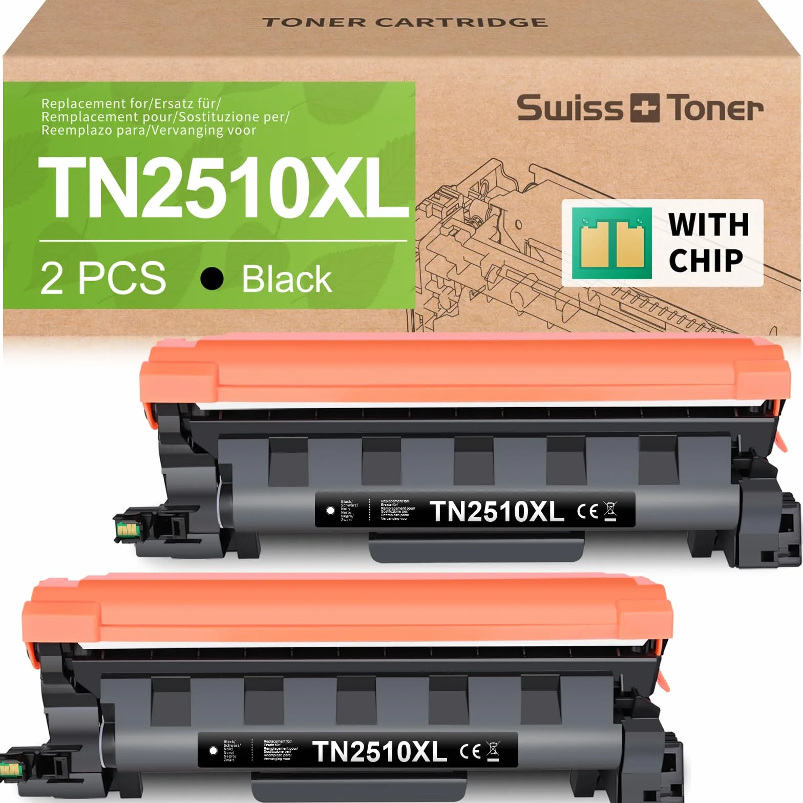 Swiss Toner TN2510XL Compatible Brother TN2510 TN-2510 TN-2510XL Negro 2-Pack