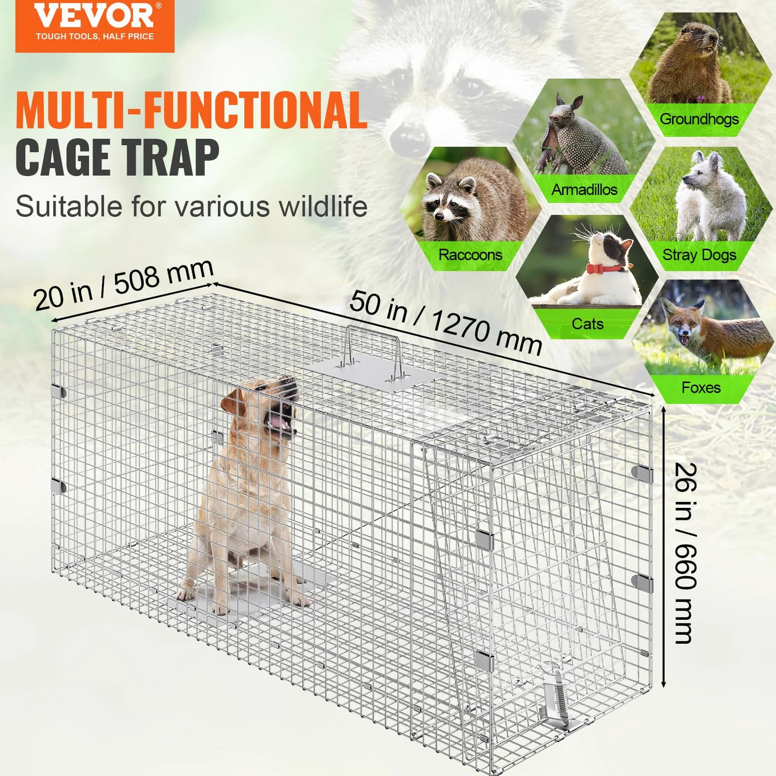 VEVOR Trampa para Animales 1270x508x660mm Jaula Plegable para Trampa para Gatos Alambre Galvanizado sin Crueldad con Asa Trampa para Conejos, Gatos Callejeros, Ardillas, Mapaches, Marmotas, Zarigüeyas