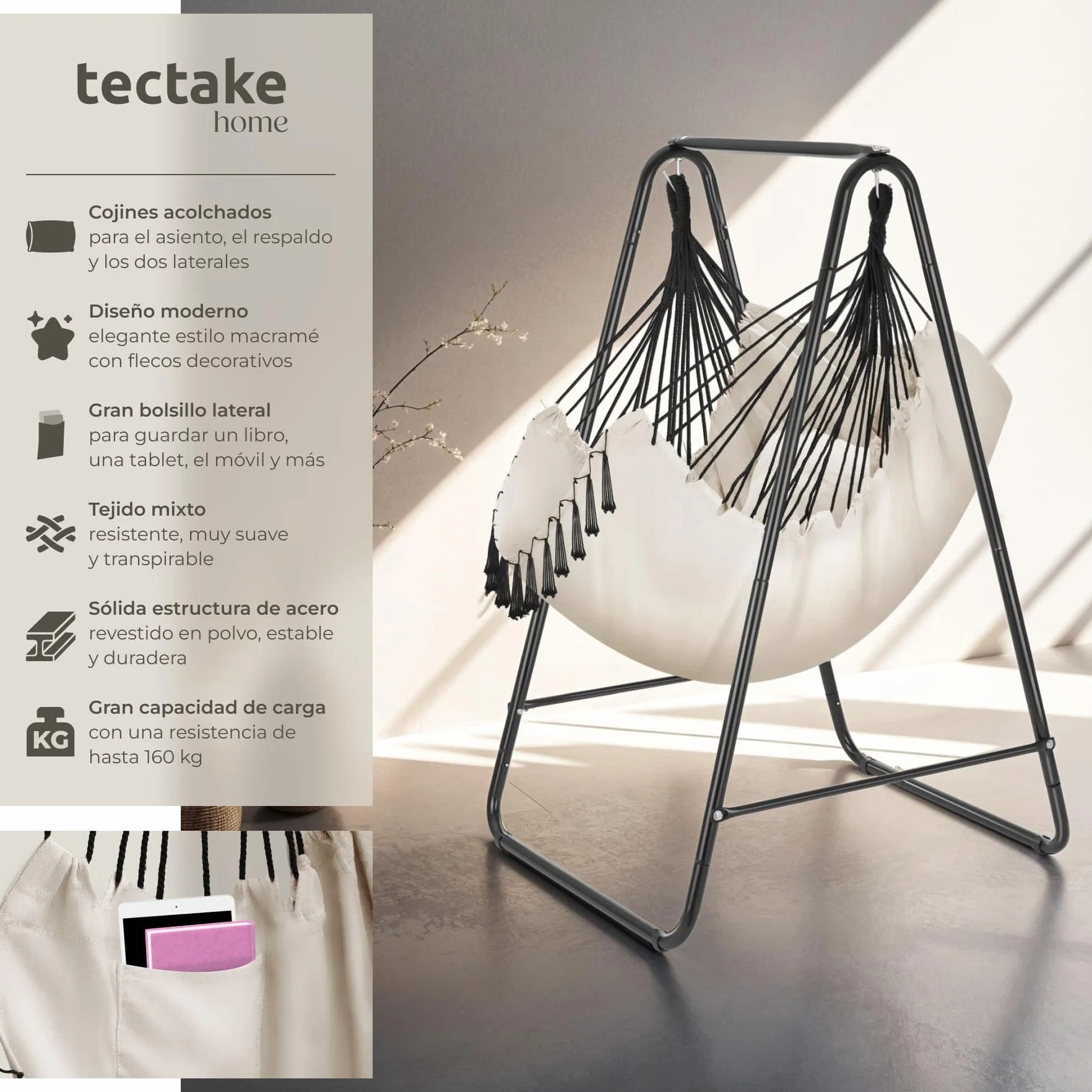 Silla Colgante Boho, Estructura De Acero, Borlas Decorativas, Cojines Gruesos, Bolsillo Lateral, Interior Y Exterior, Hamaca Sillón Colgante para Jardín, Terraza, Salón, Dormitorio