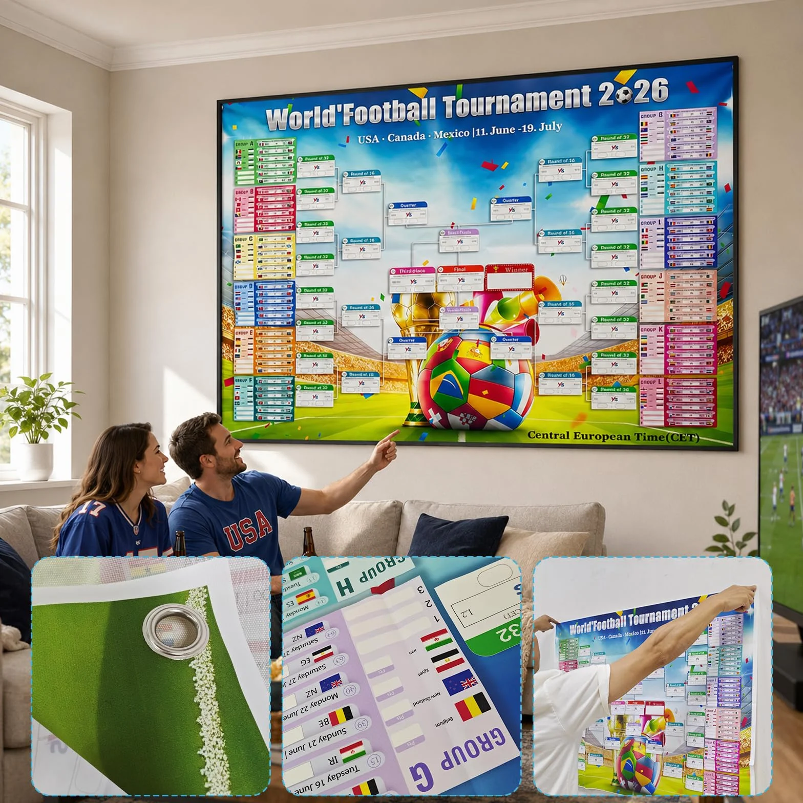 Efymosce Poster Calendario de la Copa del Mundo de Fútbol 2026, 150x100cm, Planificador para Bar