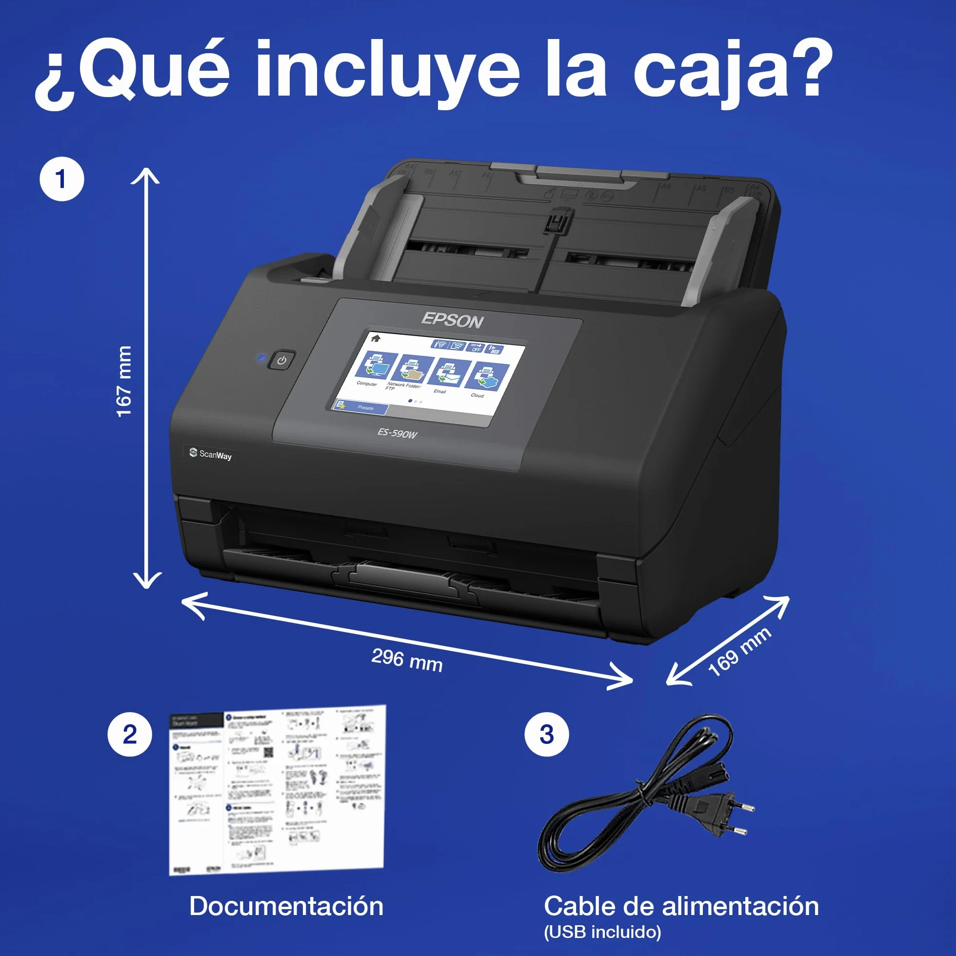 Epson Workforce ES-590W Escáner Wi-Fi 45 ppm 90 ipm Alimentador Automático 100 Hojas Pantalla Táctil 10,9 cm Color A4