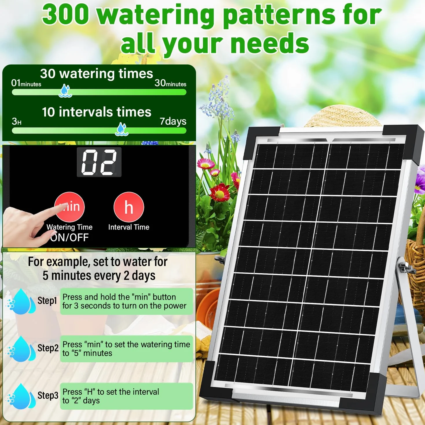 Onherm Kit Sistema de Riego por Goteo Automático Solar para Maceta, Manguera de 30 Metros para 1-30 Plantas en Macetas, 300 Modos de Temporizador, pare Jardín, Balcón y Huerta