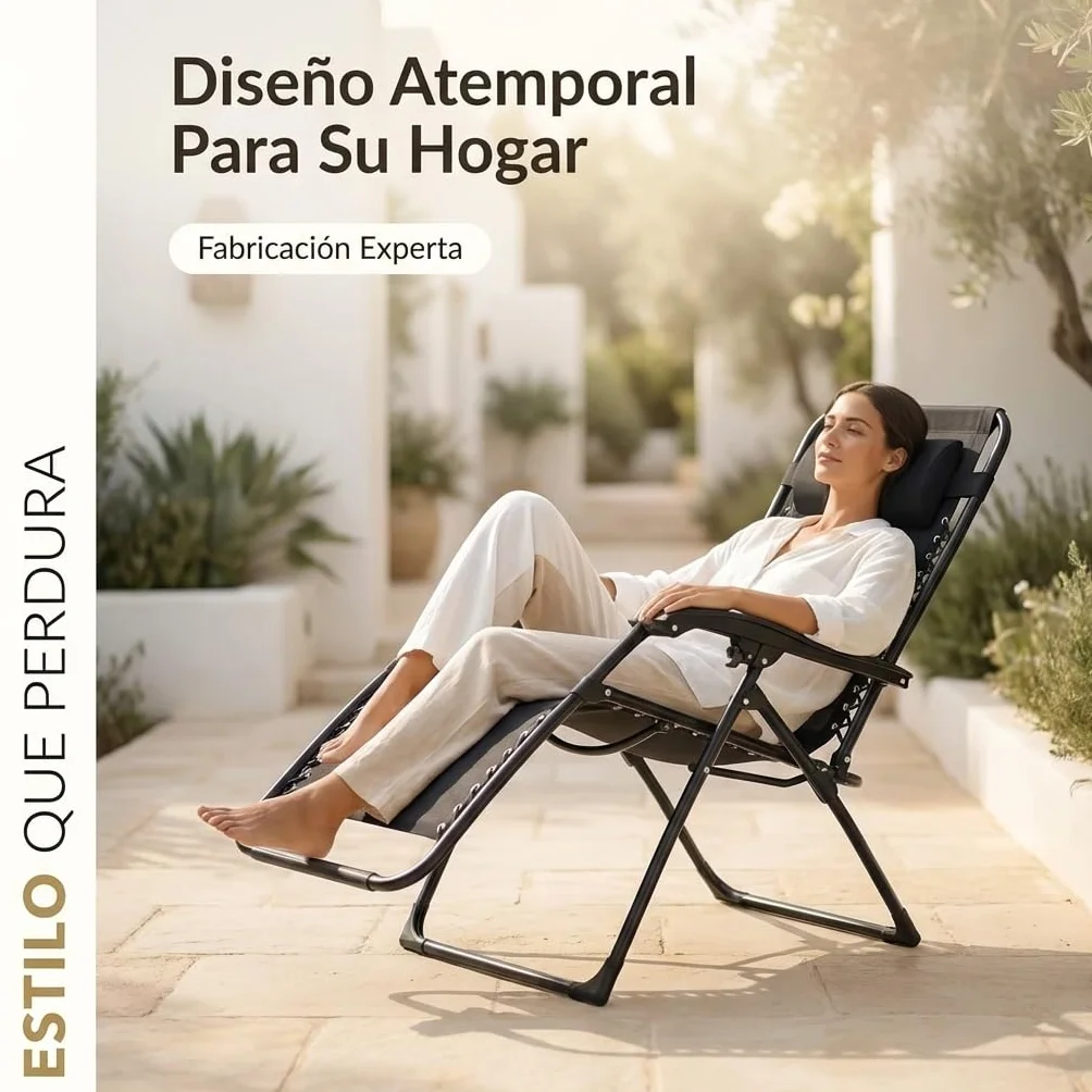 Tumbona Plegable para Exterior | Reposapiés y Cojín Ajustable | Silla Reclinable Bandeja Lateral para Bebidas, Móvil y Libros | para Terraza, Camping, Playa, Piscina (Negro)